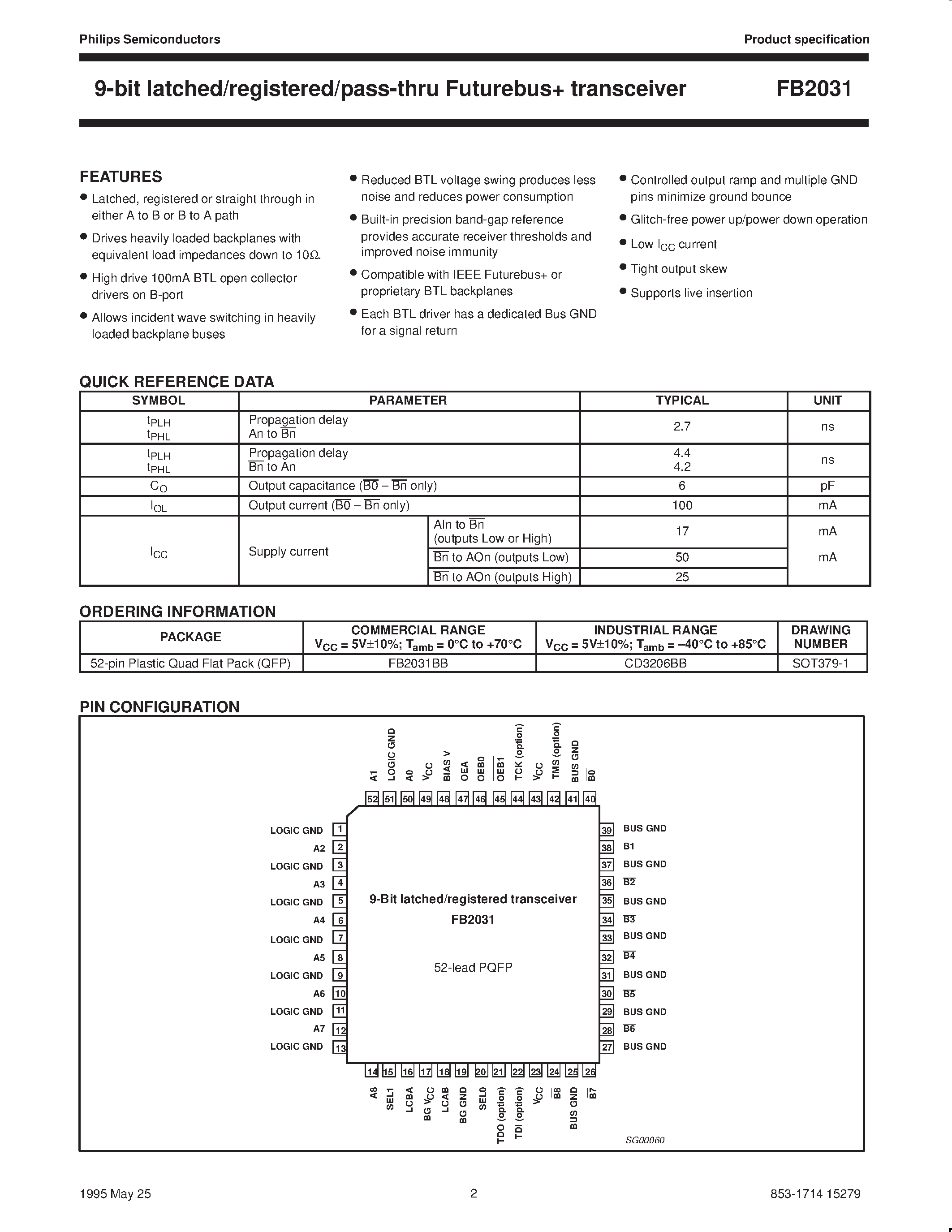 Даташит FB2031BB - 9-bit latched/registered/pass-thru Futurebus transceiver страница 2