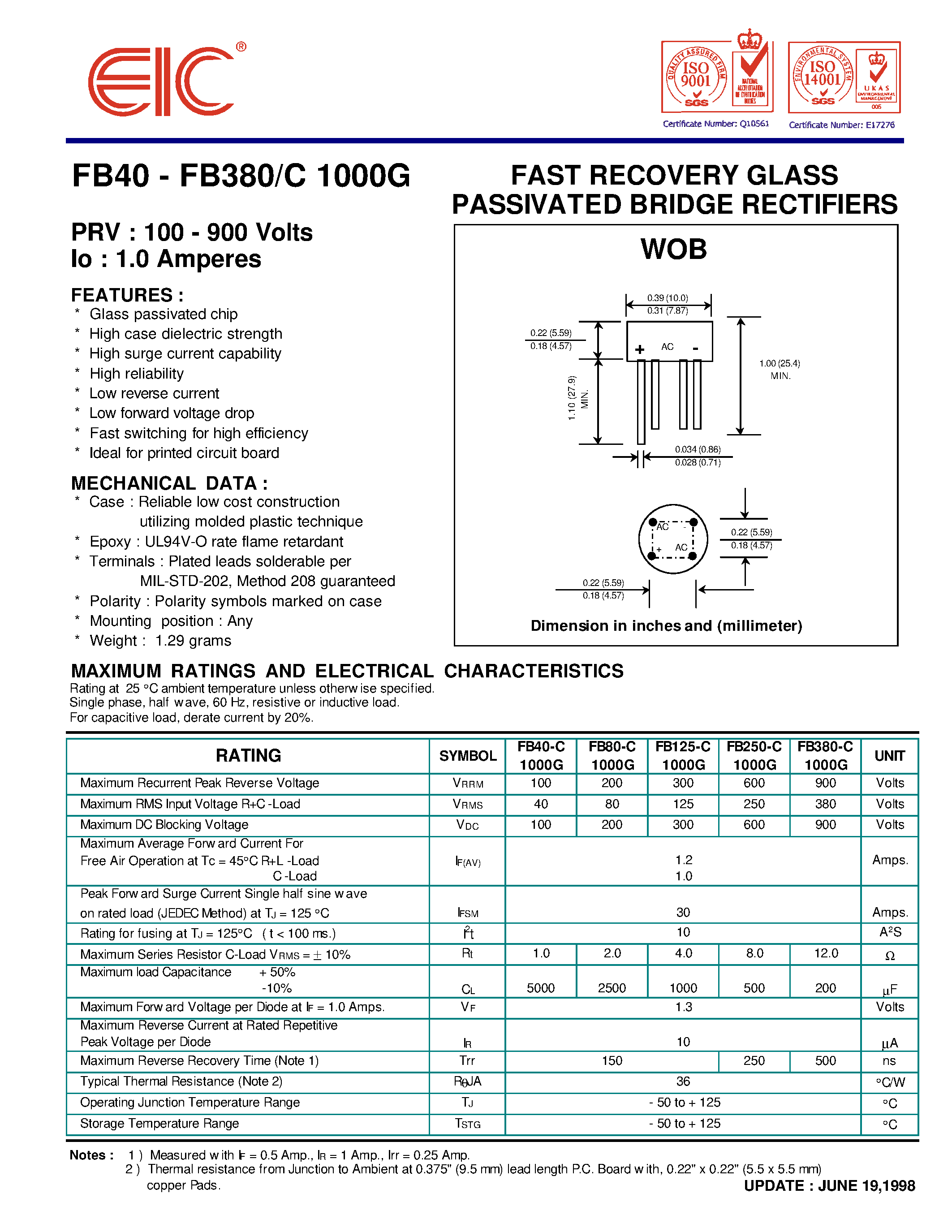 Datasheet FB40 page 1 Datasheet FB40 - FAST RECOVERY GLASS PASSIVATED BRIDGE RECTIFIERS page 1