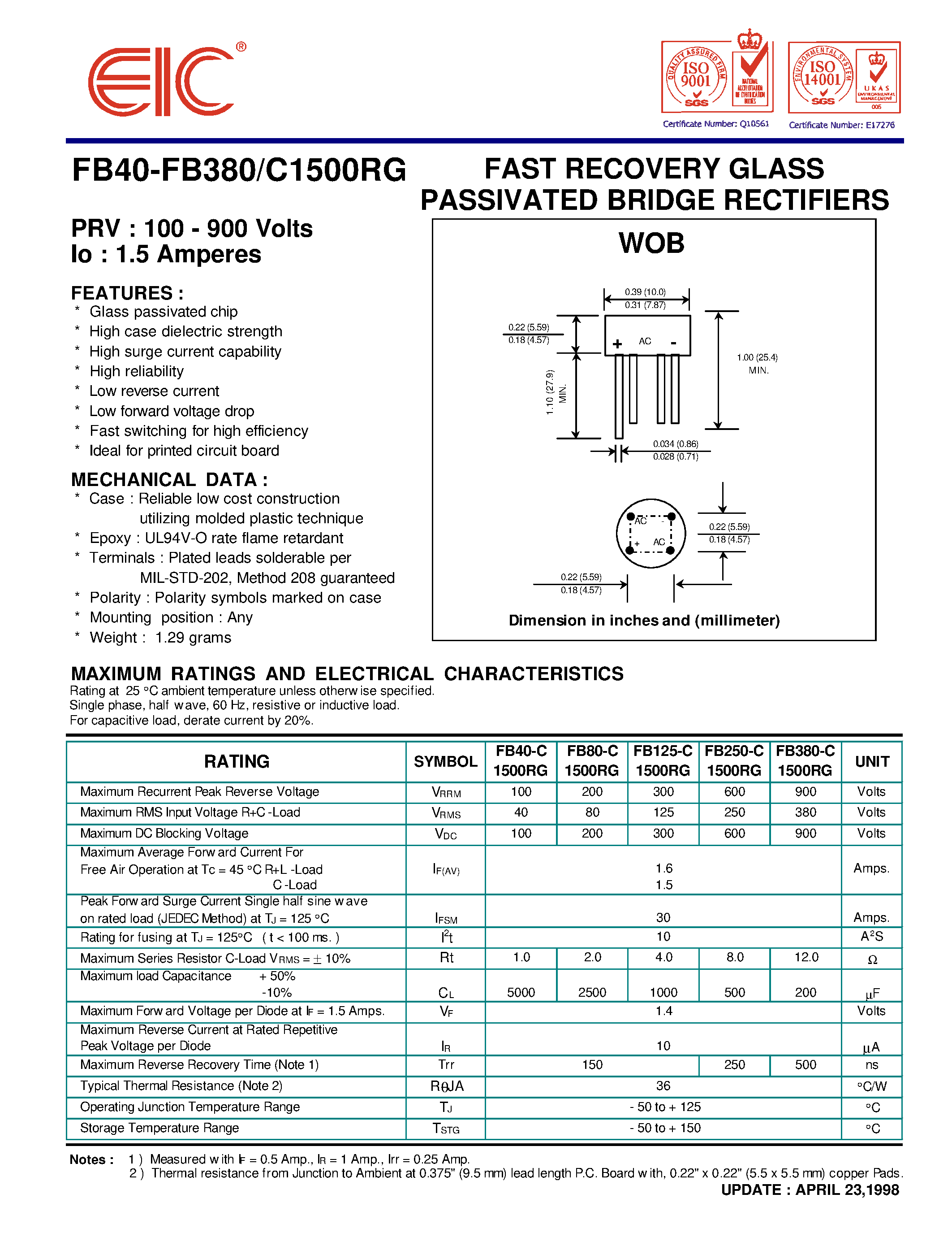 Datasheet FB40-C1500RG page 1 Datasheet FB40-C1500RG - FAST RECOVERY GLASS PASSIVATED BRIDGE RECTIFIERS page 1