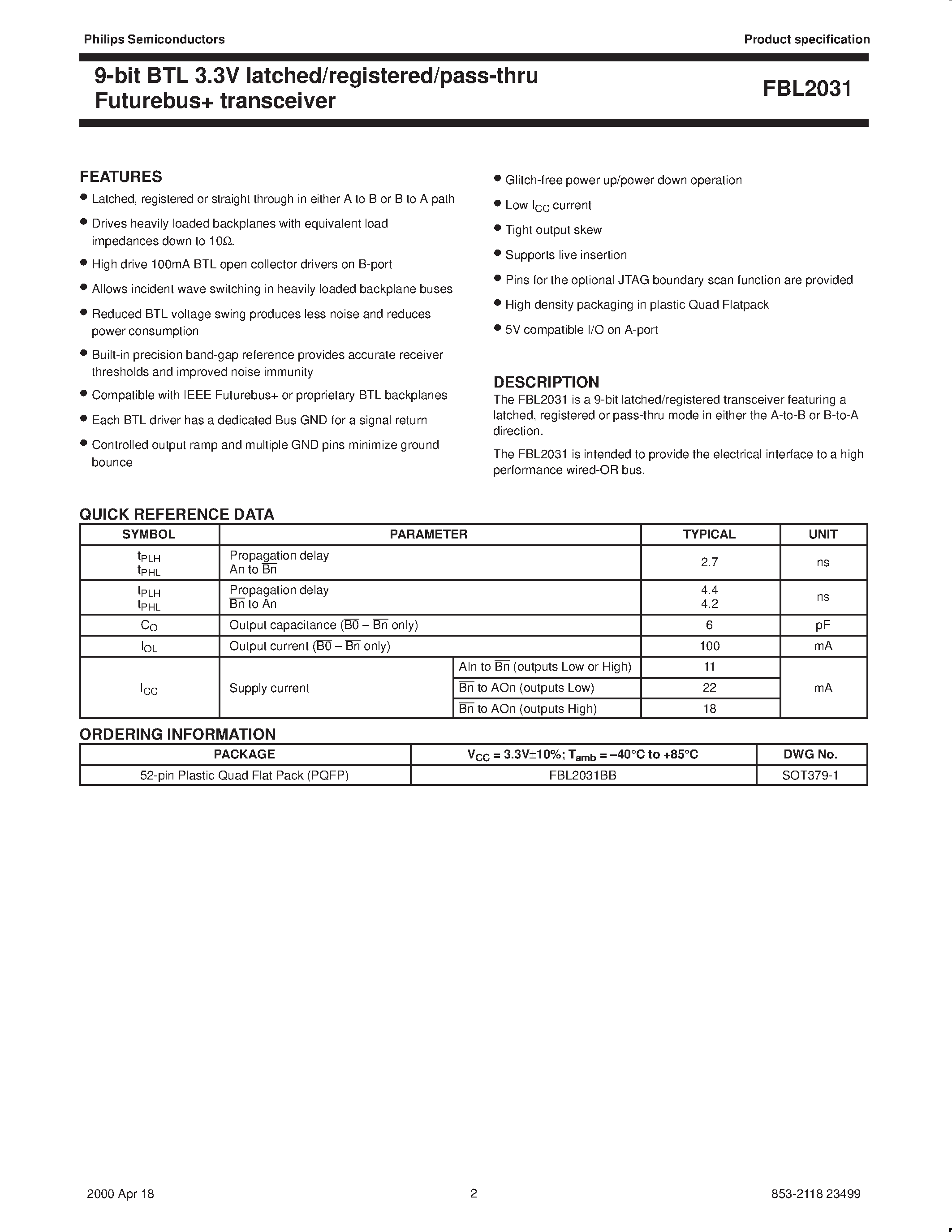 Даташит FBL2031BB - 9-bit BTL 3.3V latched/registered/pass-thru Futurebus transceiver страница 2