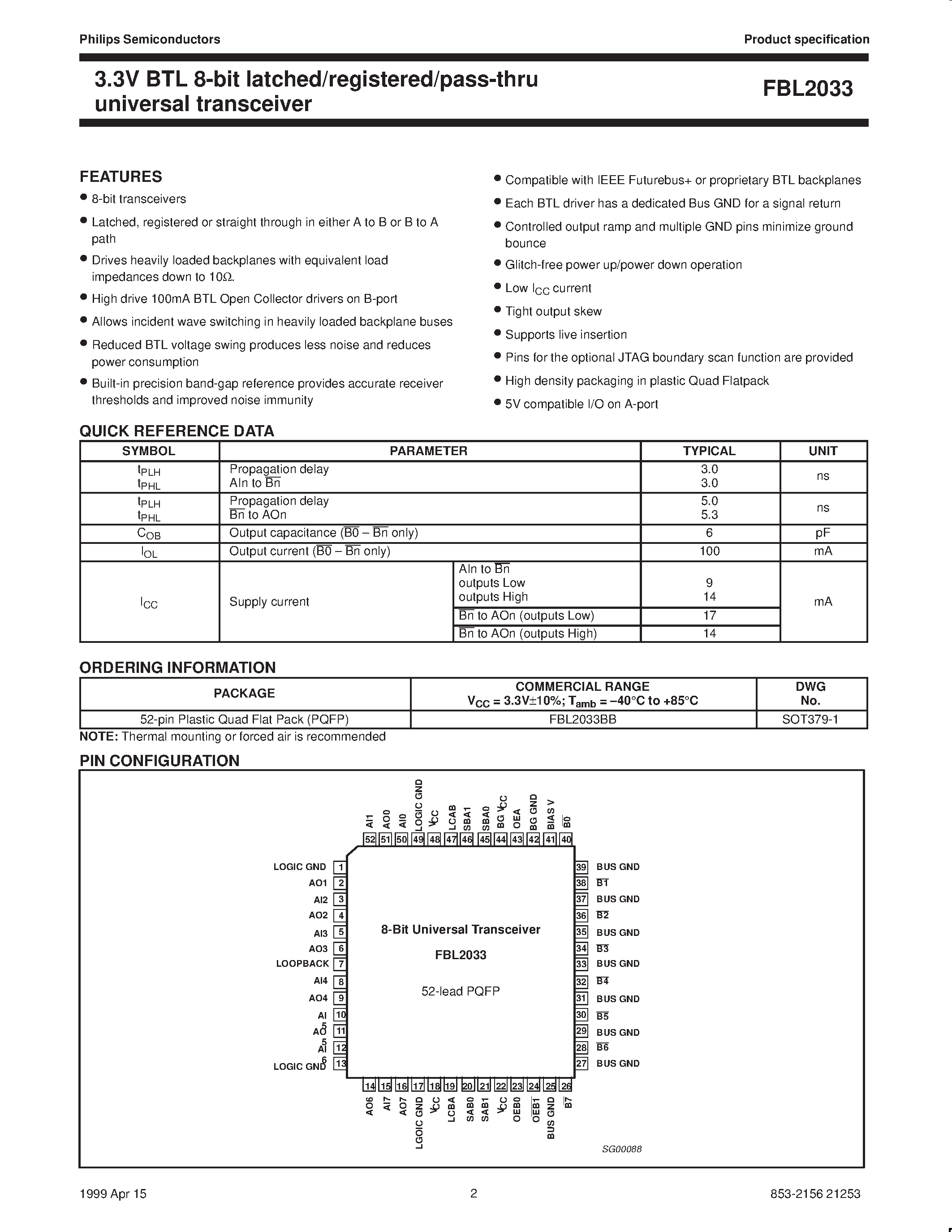 Даташит FBL2033BB - 3.3V BTL 8-bit latched/registered/pass-thru Futurebus universal interface transceiver страница 2