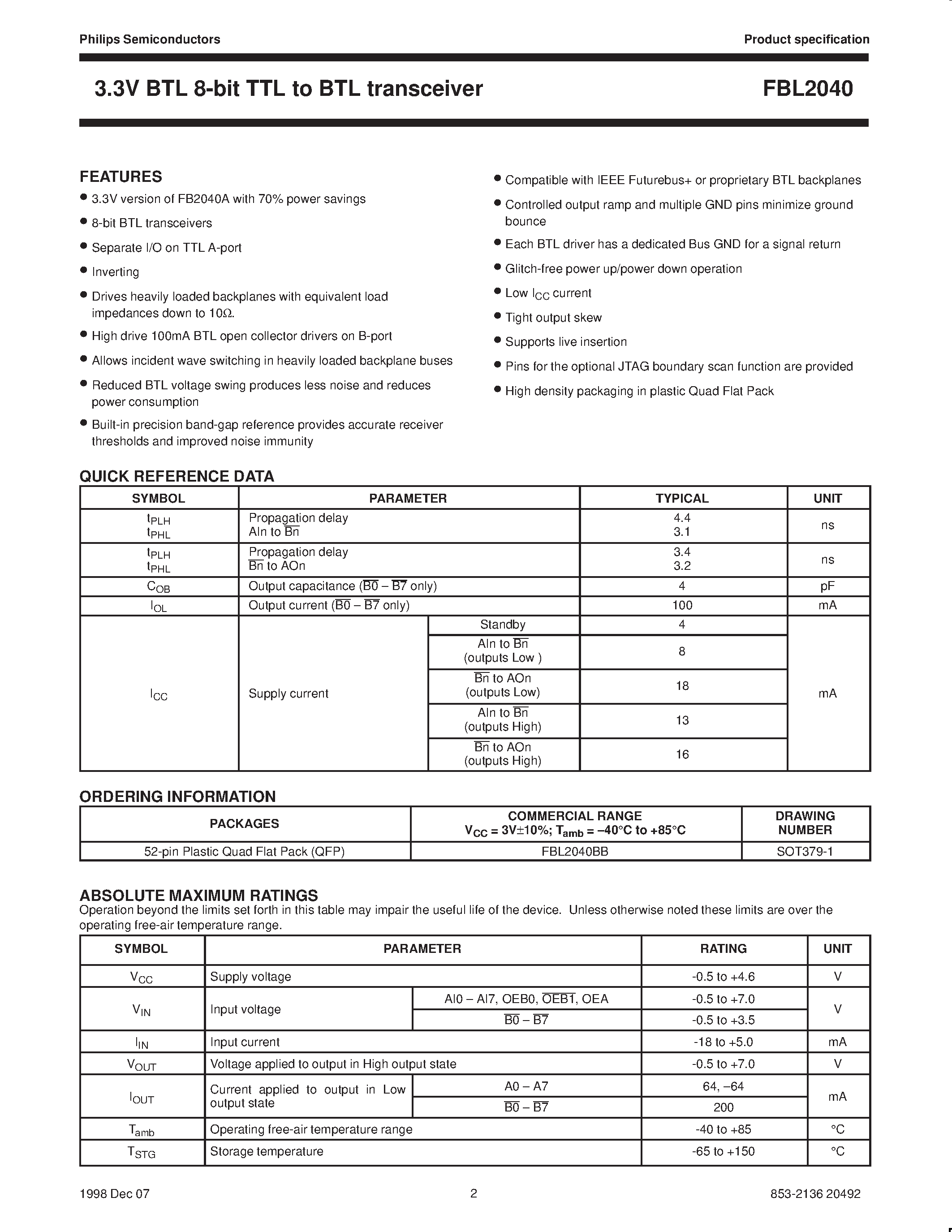 Datasheet FBL2040BB - 3.3V BTL8-bit TTL to BTL transceiver page 2
