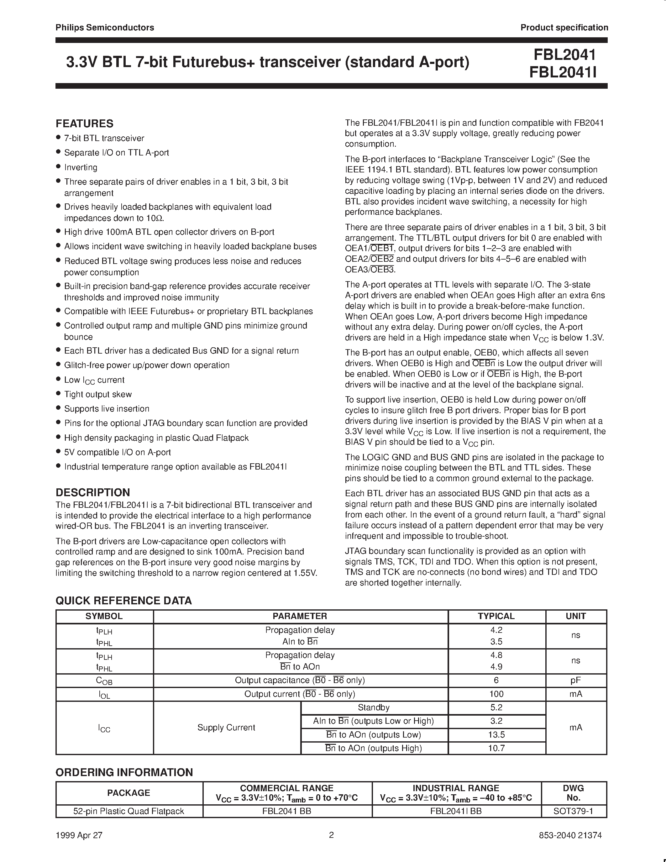Datasheet FBL2041 - 3.3V BTL 7-bit Futurebus transceiver standard A-port page 2
