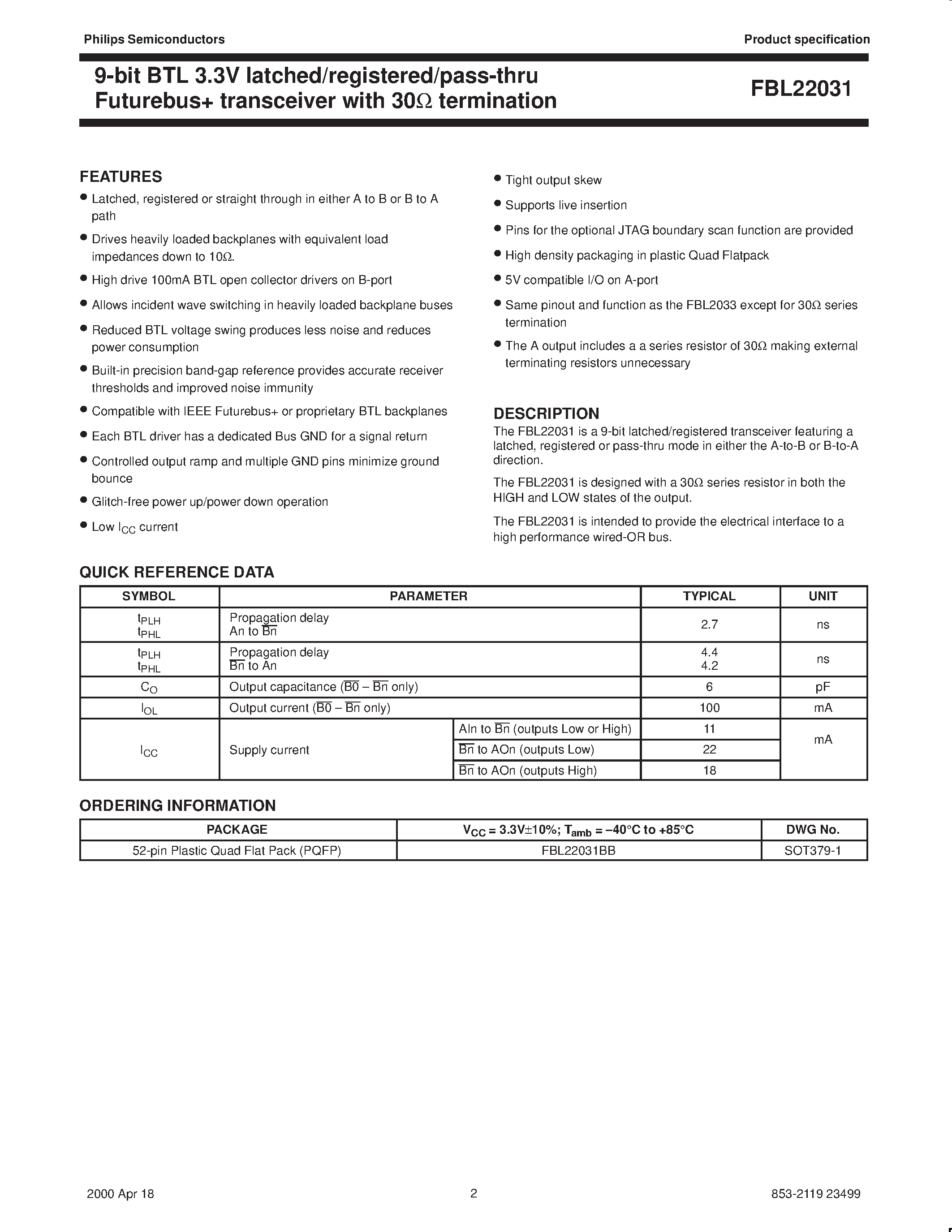 Даташит FBL22031 - 9-bit BTL 3.3V latched/registered/pass-thru Futurebus transceiver with 30W termination страница 2