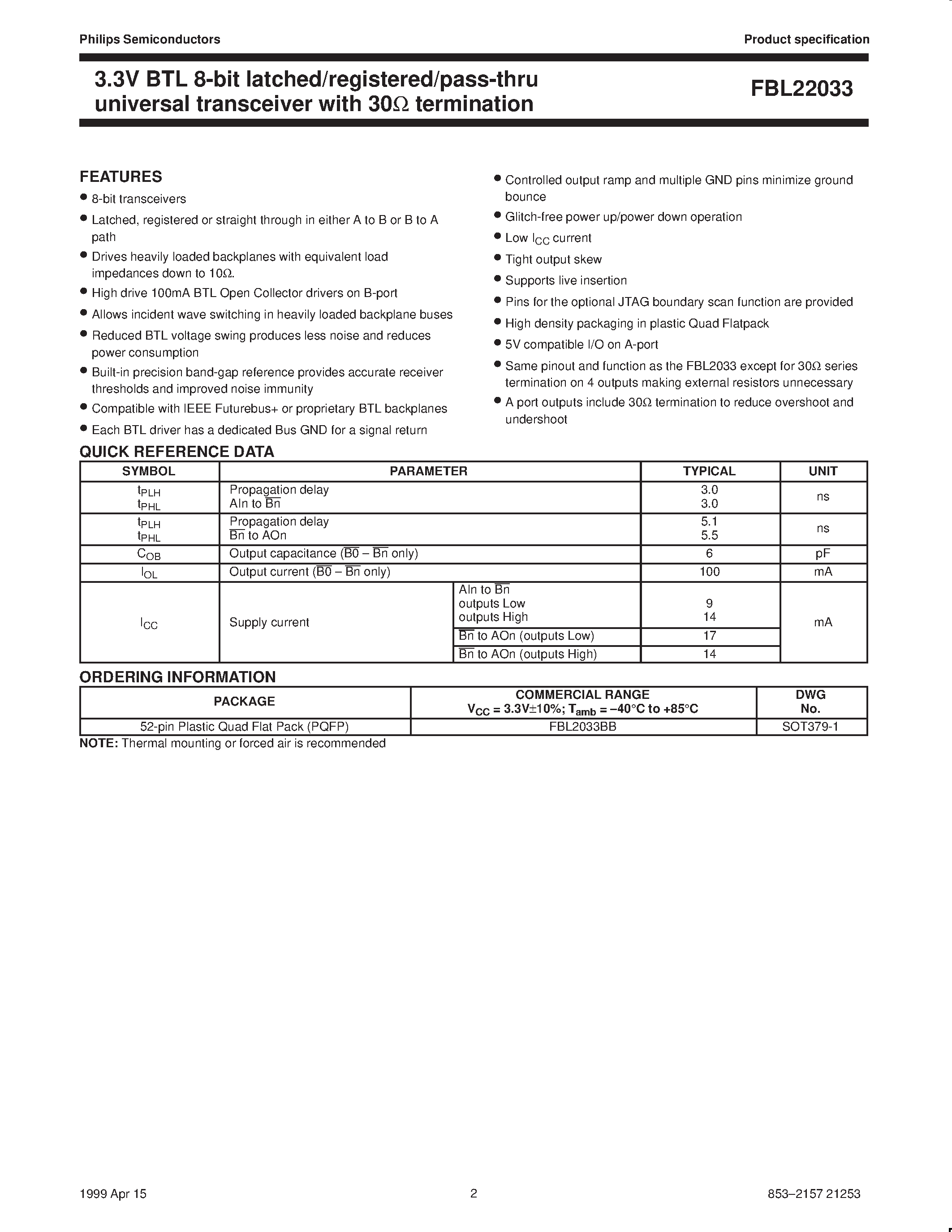 Даташит FBL22033 - 3.3V BTL 8-bit latched/registered/pass-thru Futurebus universal interface transceiver страница 2