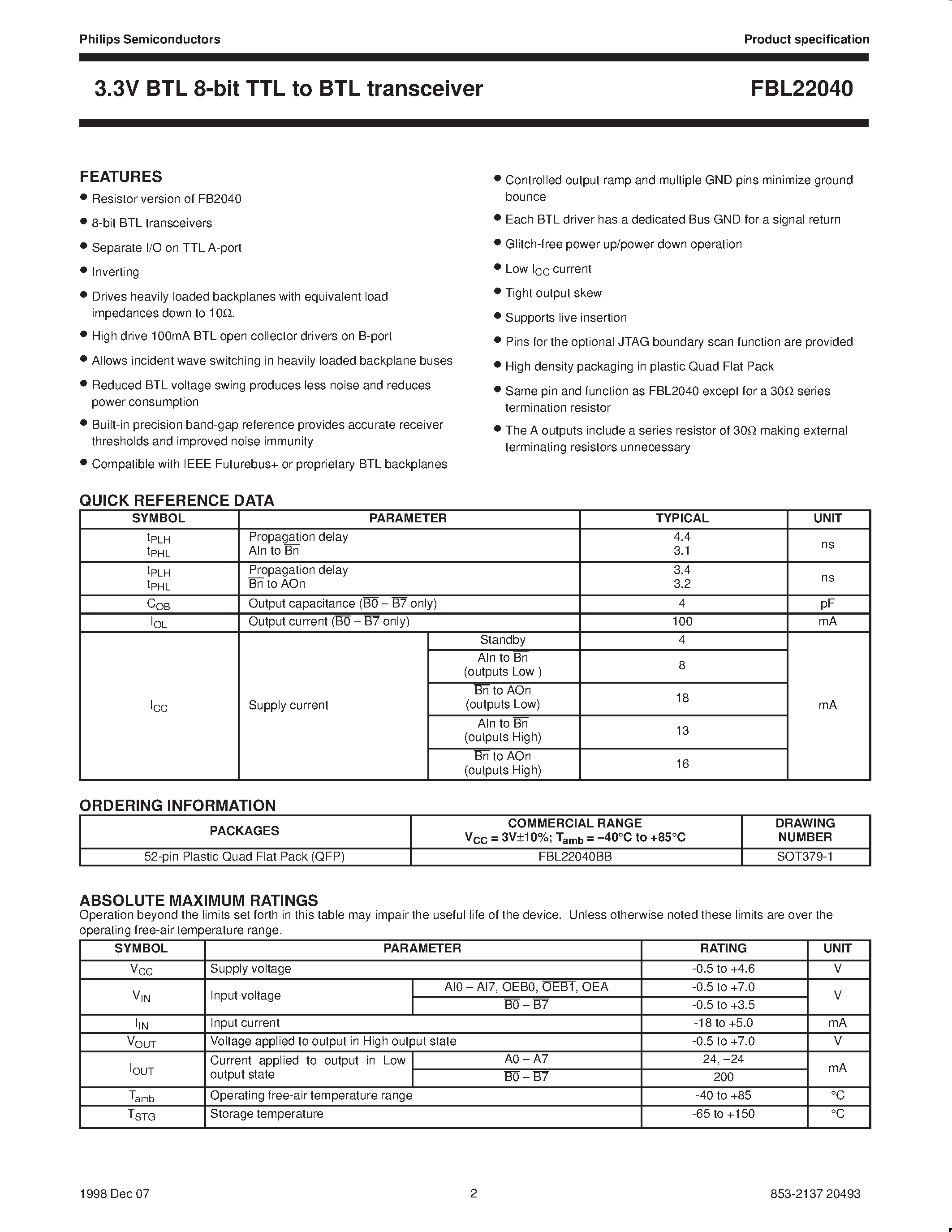 Datasheet FBL22040BB - 3.3V BTL8-bit TTL to BTL transceiver page 2