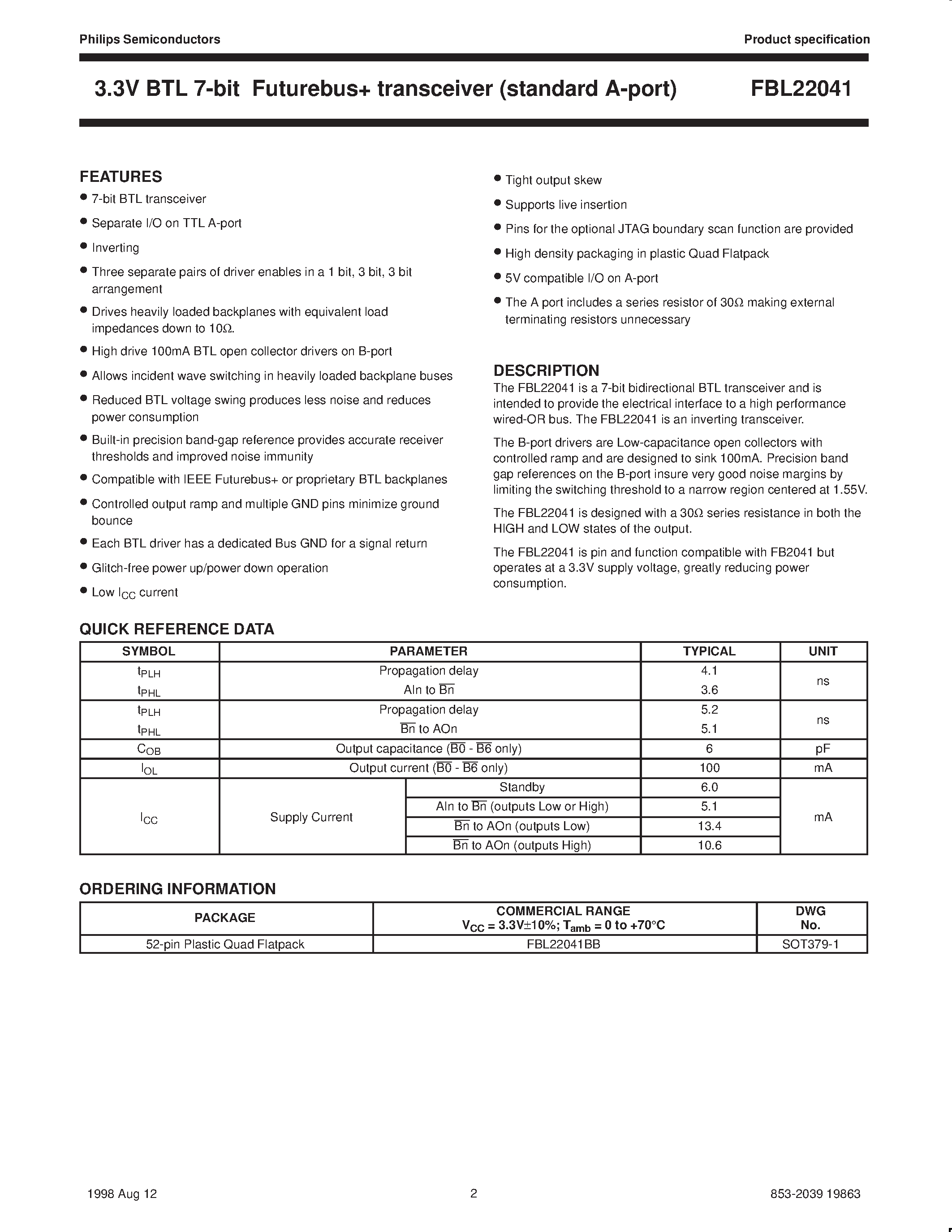 Datasheet FBL22041 - 3.3V BTL 7-bit Futurebus transceiver standard A-port page 2