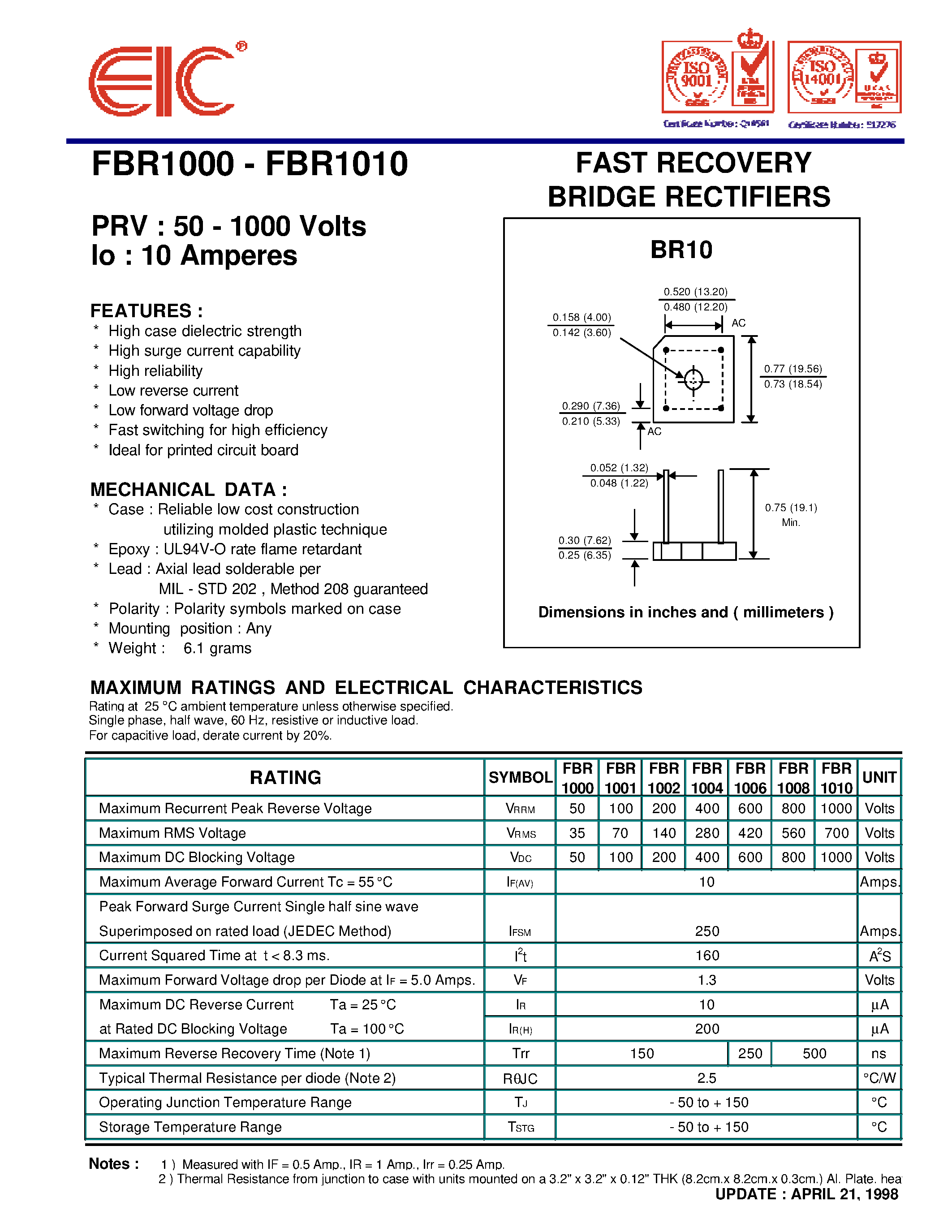 Datasheet FBR1004 page 1 Datasheet FBR1004 - FAST RECOVERY BRIDGE RECTIFIERS page 1