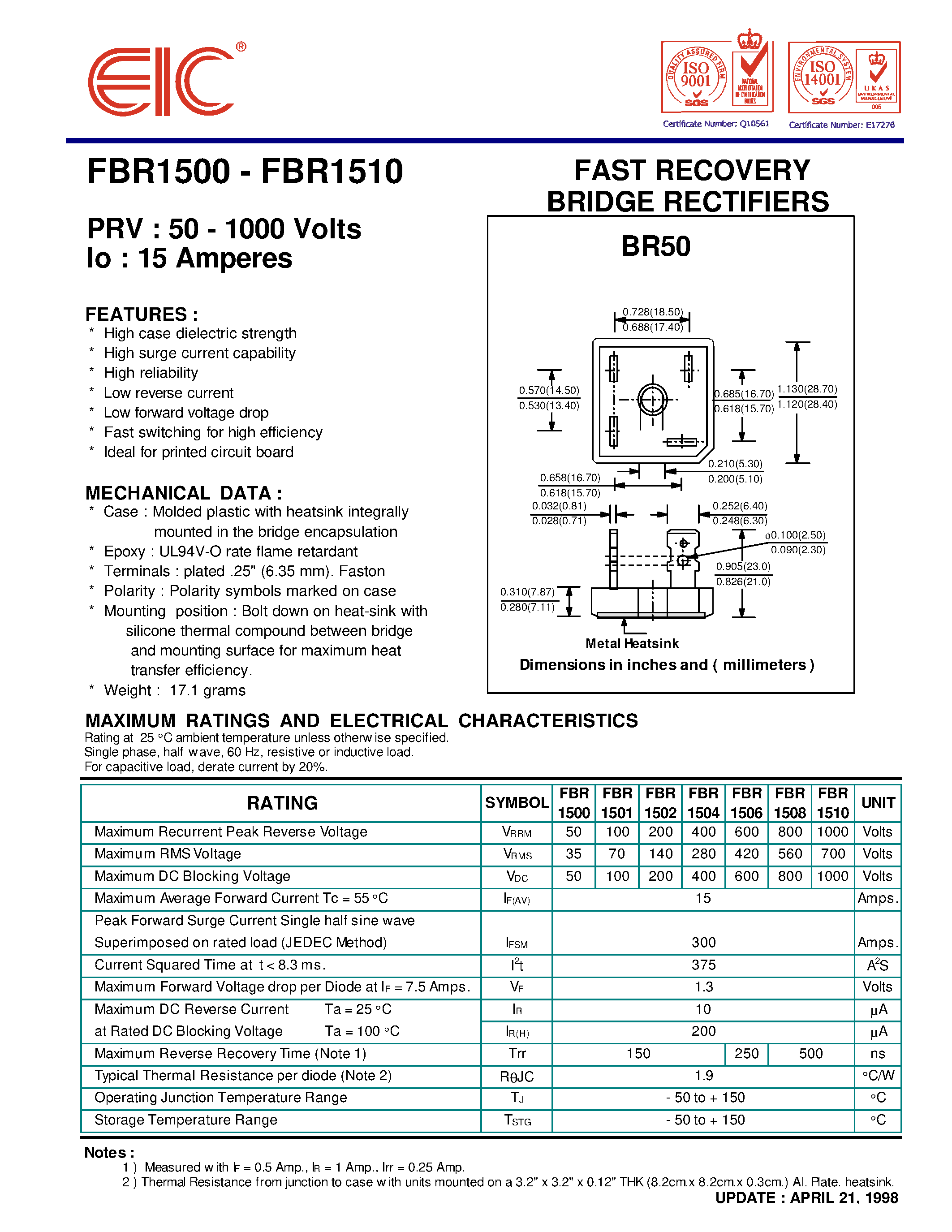 Datasheet FBR1502 page 1 Datasheet FBR1502 - FAST RECOVERY BRIDGE RECTIFIERS page 1