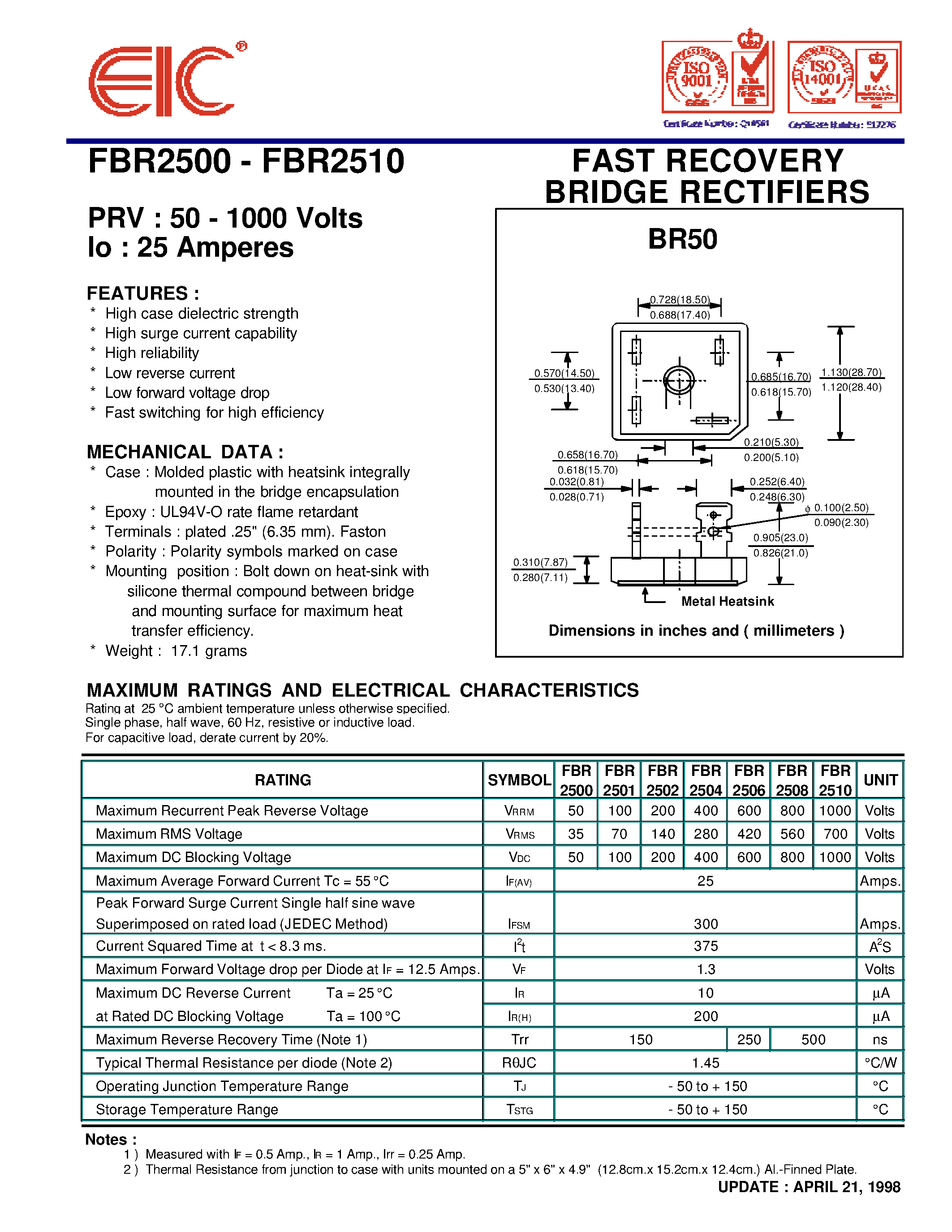 Datasheet FBR2504 page 1 Datasheet FBR2504 - FAST RECOVERY BRIDGE RECTIFIERS page 1