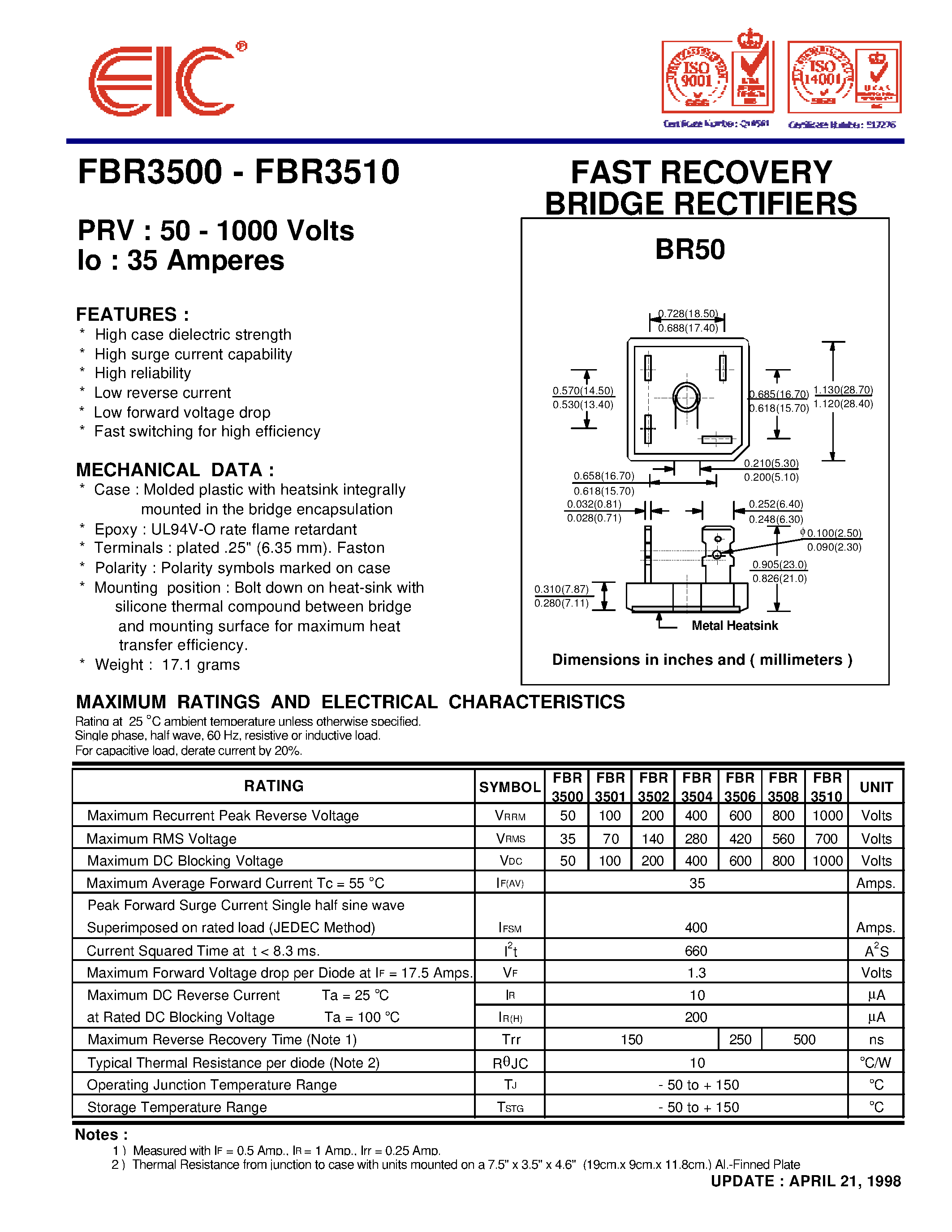 Datasheet FBR3504 page 1 Datasheet FBR3504 - FAST RECOVERY BRIDGE RECTIFIERS page 1