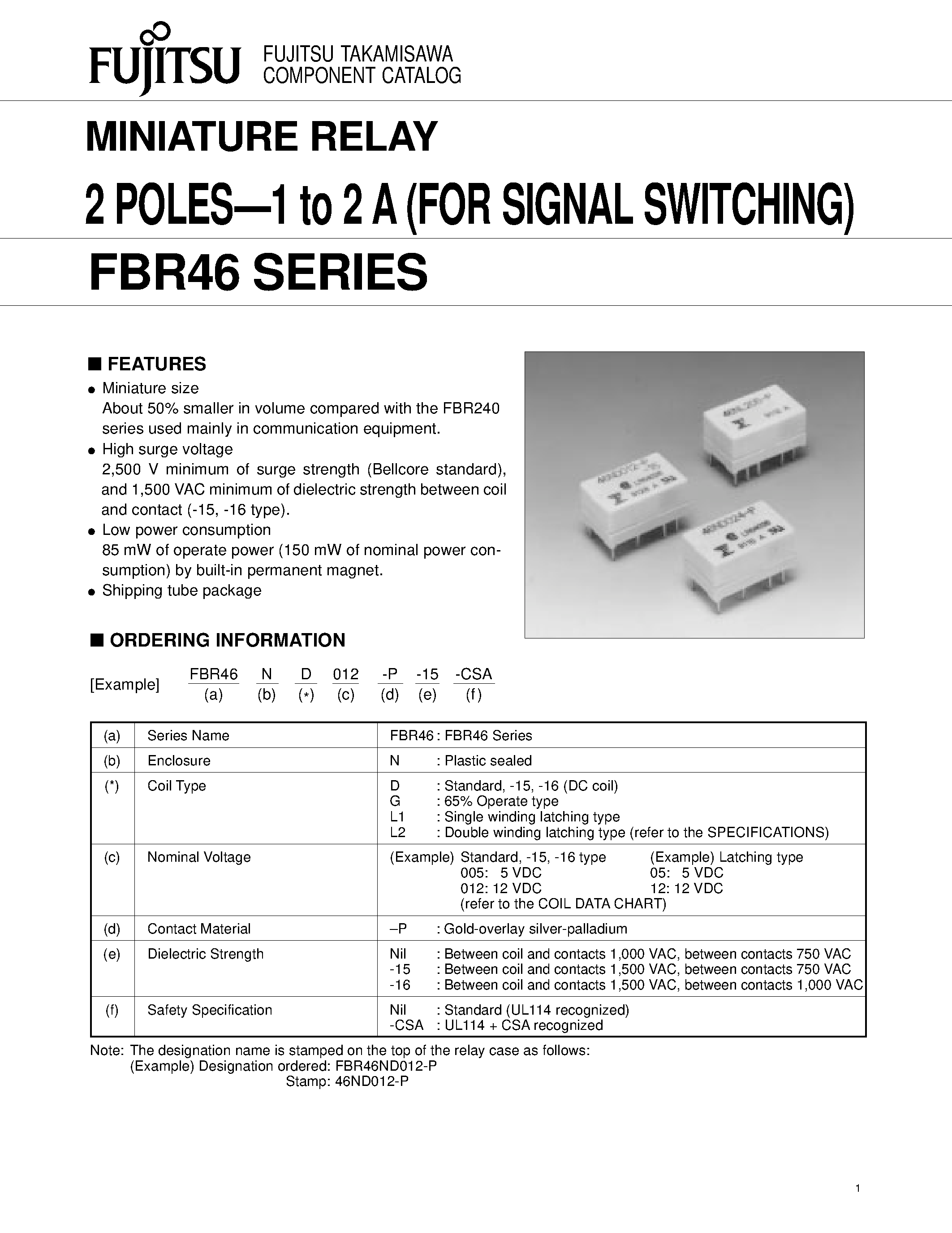Datasheet FBR46 - MINIATURE RELAY 2 POLES1 to 2 A (FOR SIGNAL SWITCHING) FBR46 SERIES page 1