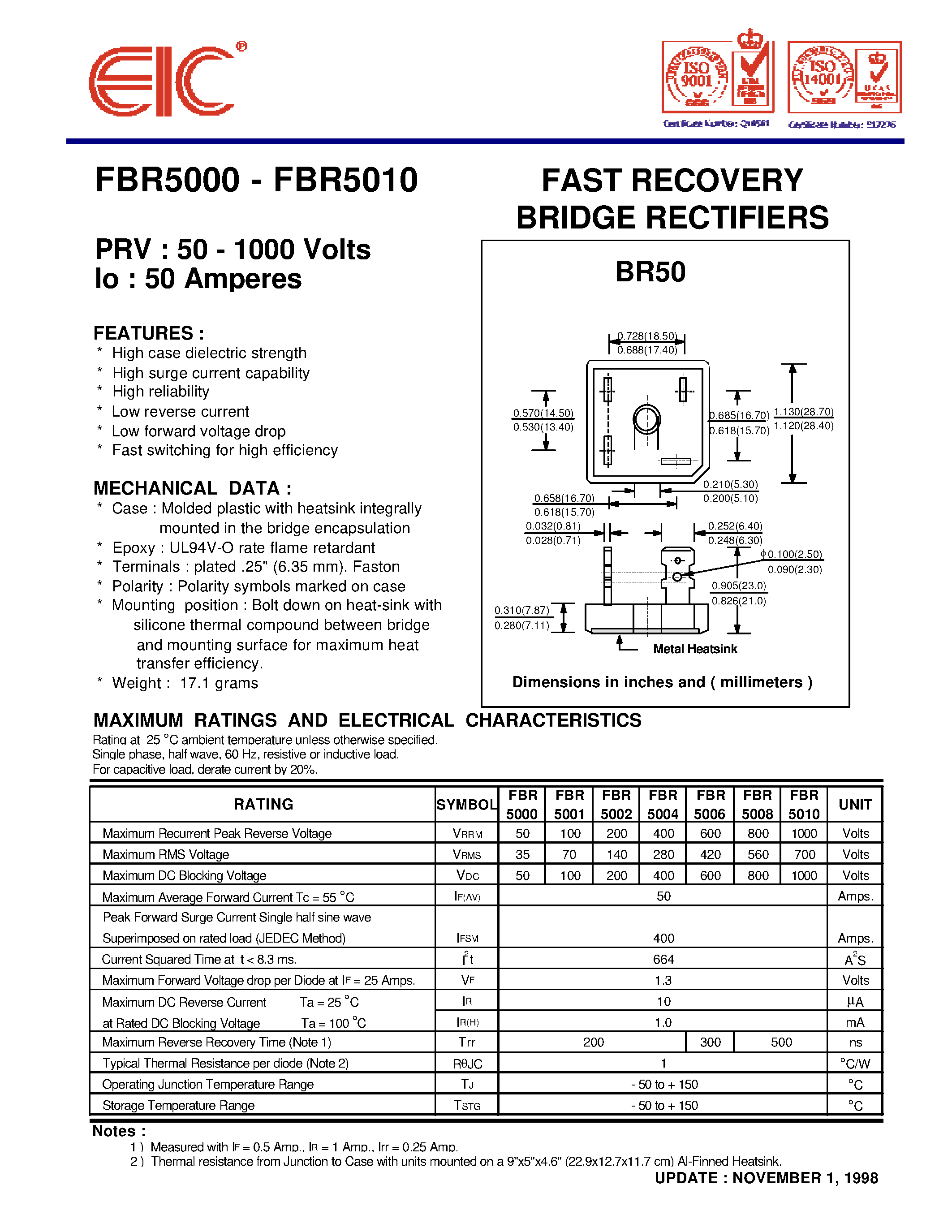 Datasheet FBR5008 page 1 Datasheet FBR5008 - FAST RECOVERY BRIDGE RECTIFIERS page 1