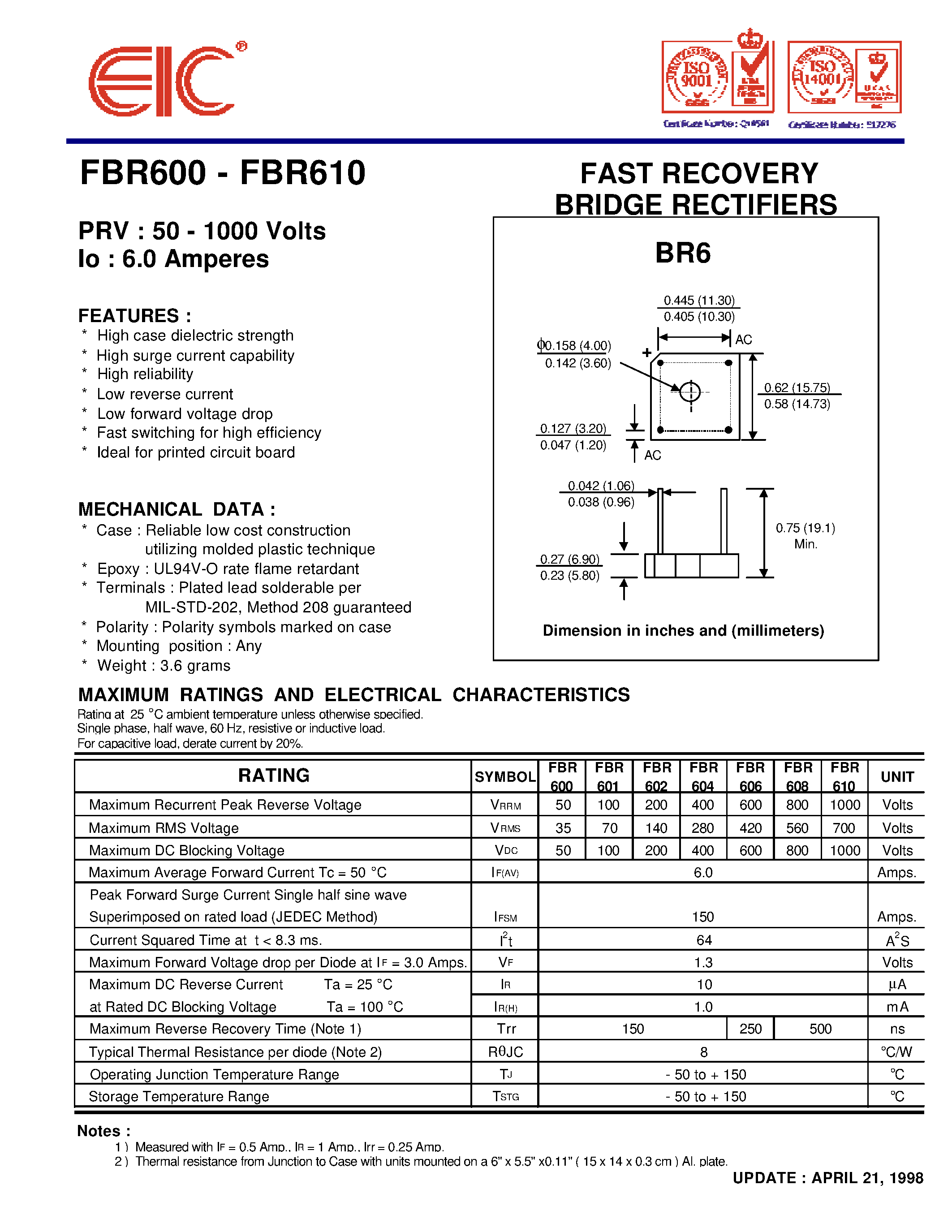 Datasheet FBR604 - FAST RECOVERY BRIDGE RECTIFIERS page 1