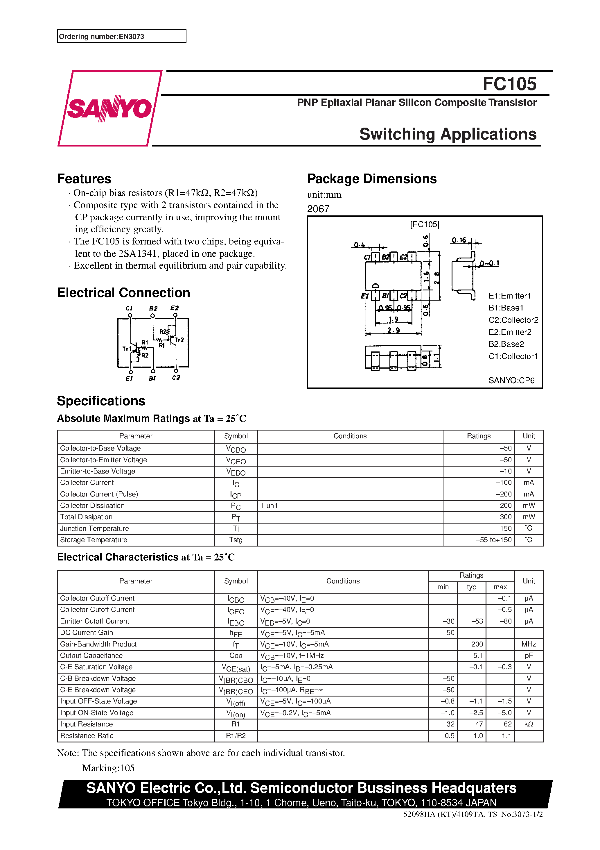 Даташит на микросхему FC105 страница 1 Даташит FC105 - PNP Epitaxial Planar Silicon Composite Transistor (Switching Applications) страница 1