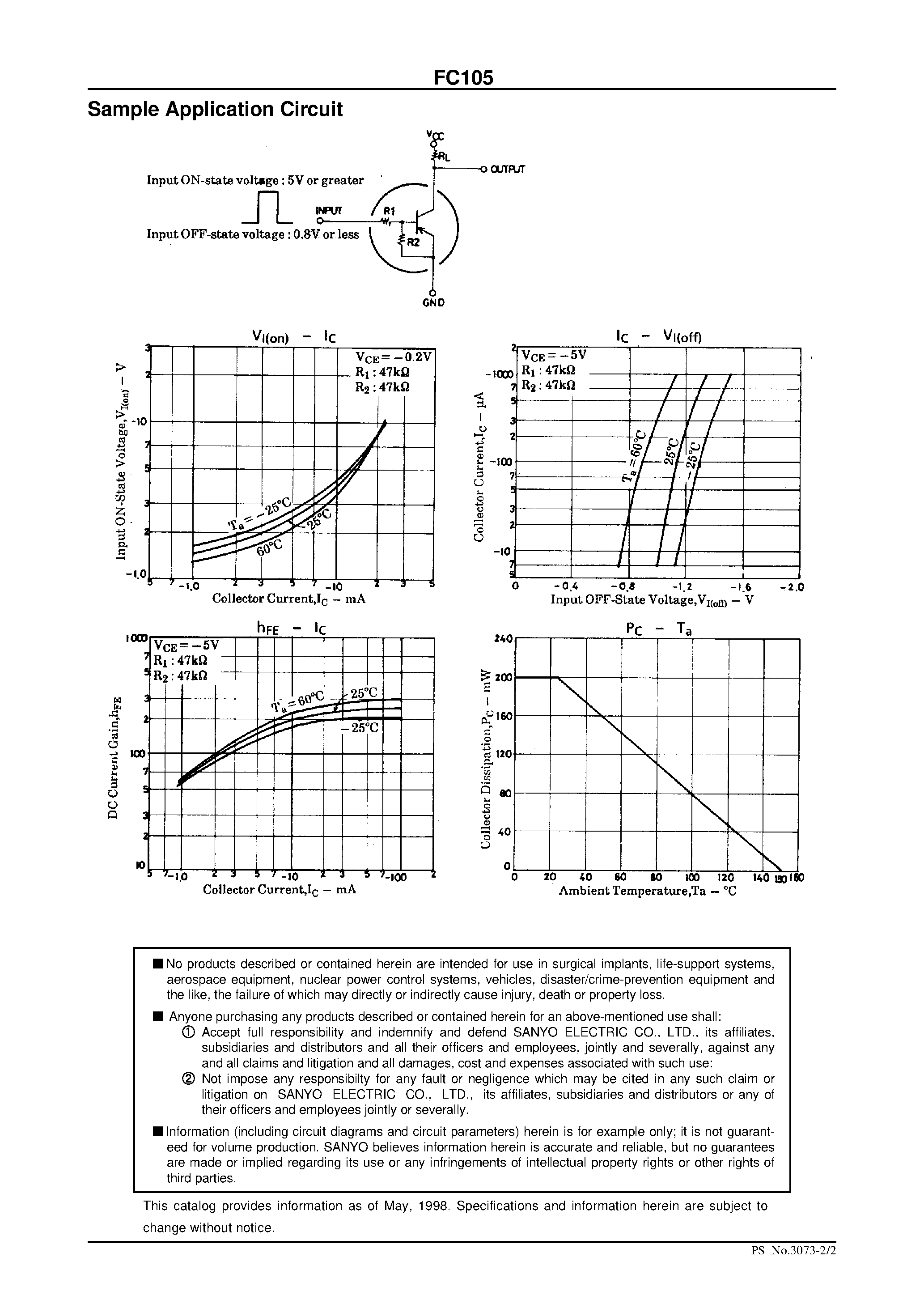 Даташит на микросхему FC105 страница 2 Даташит FC105 - PNP Epitaxial Planar Silicon Composite Transistor (Switching Applications) страница 2