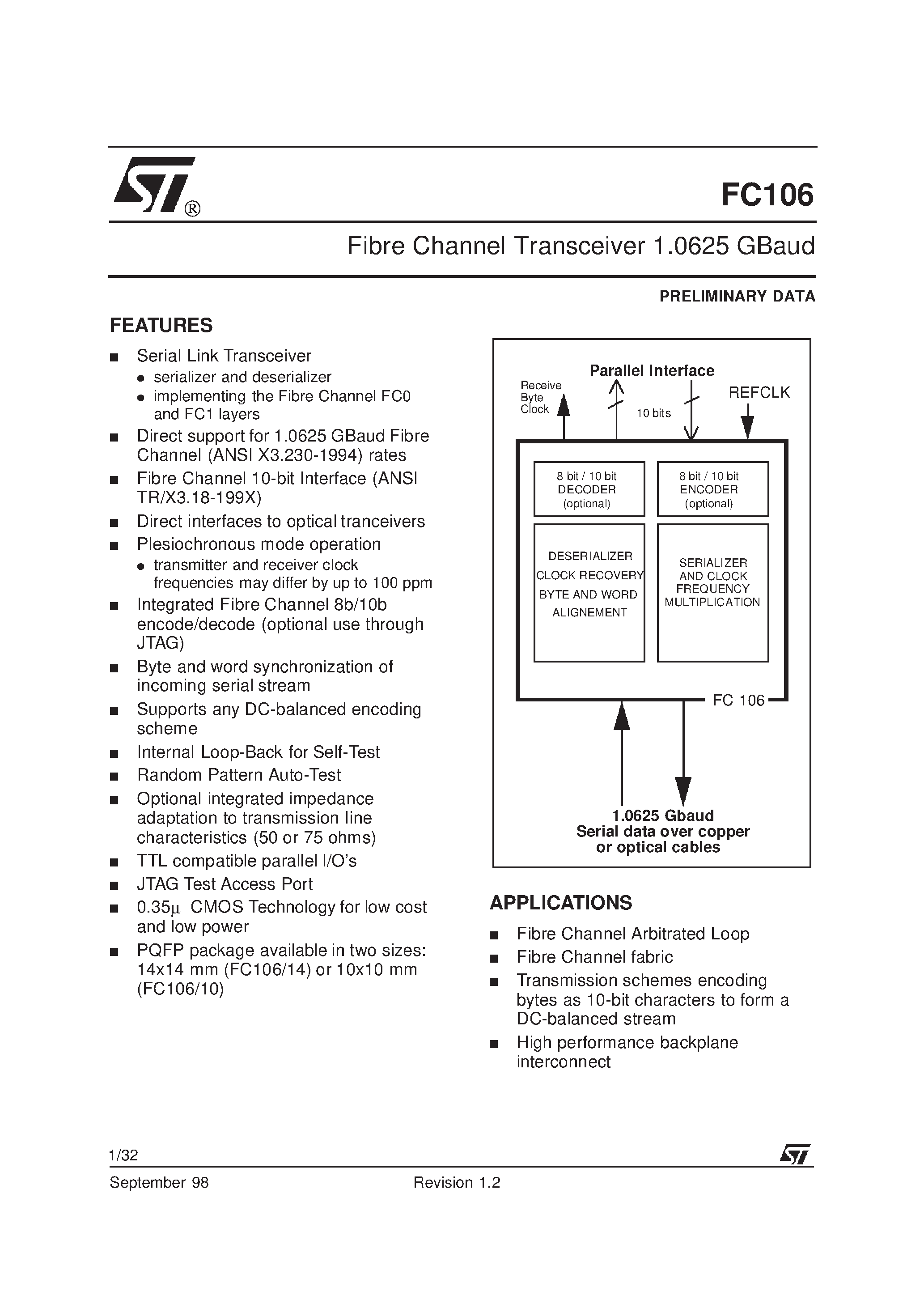 Даташит на микросхему FC106 страница 1 Даташит FC106 - Fibre Channel Transceiver 1.0625 GBaud страница 1