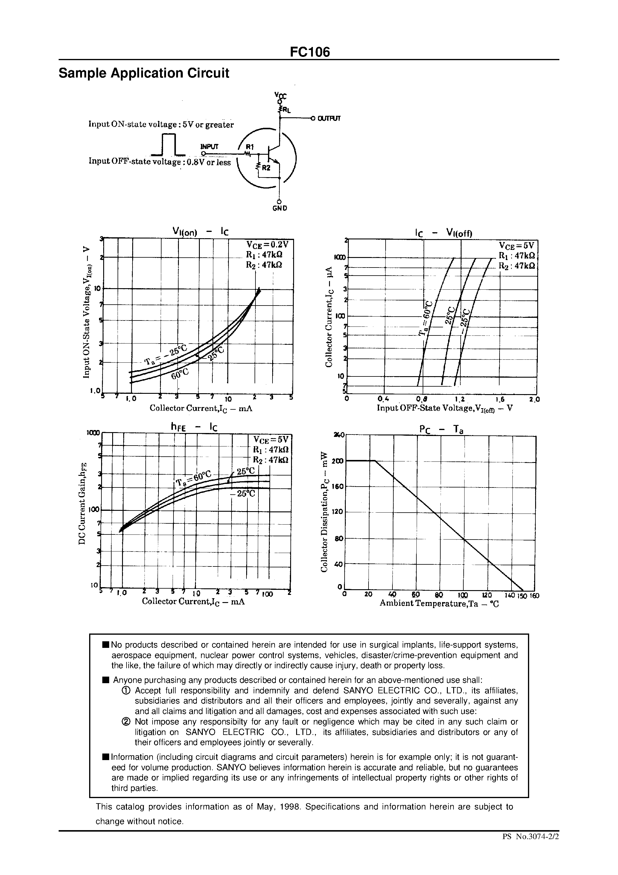 Даташит на микросхему FC106 страница 2 Даташит FC106 - NPN Epitaxial Planar Silicon Composite Transistor Switching Applications страница 2