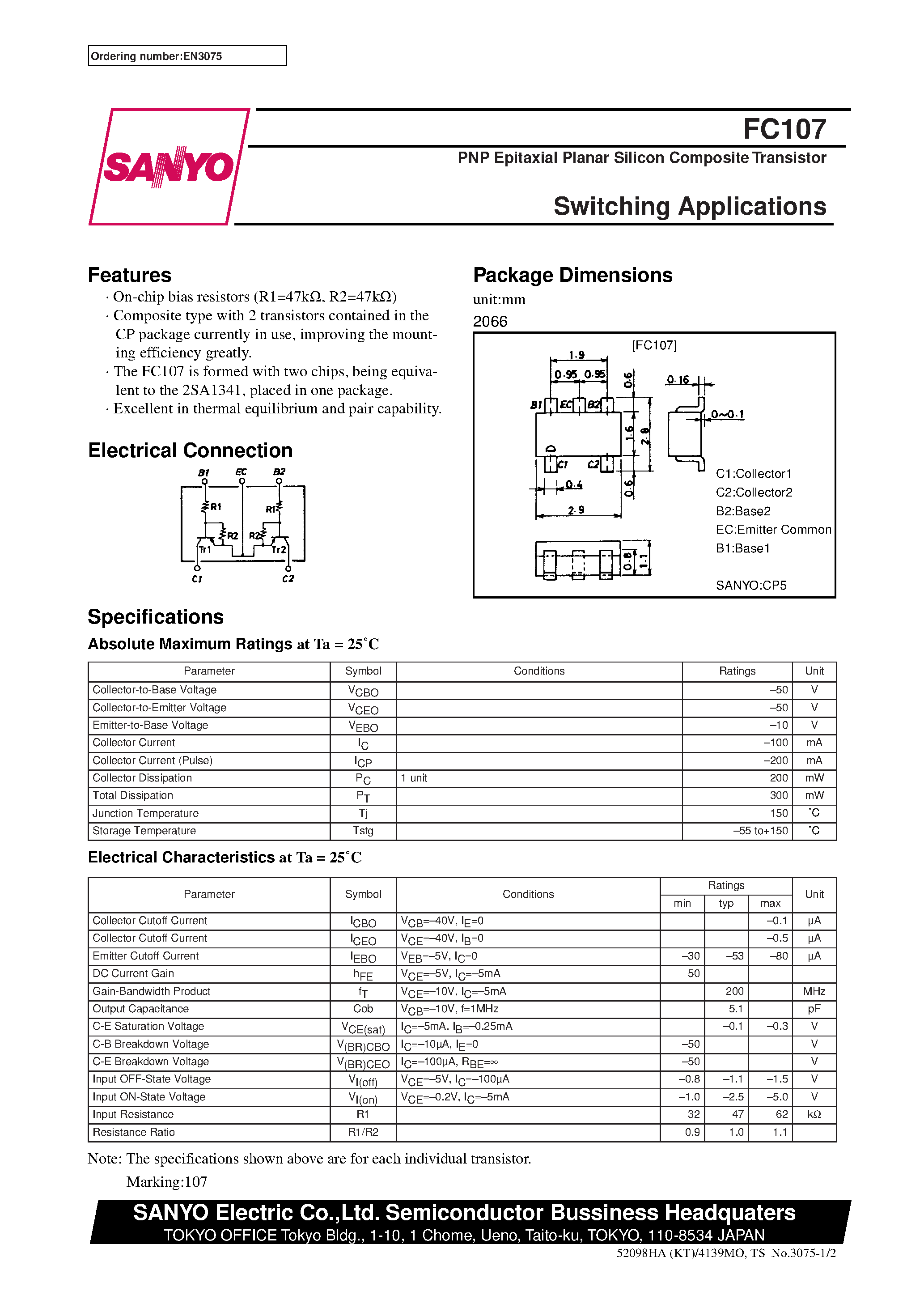 Даташит FC107 - PNP Epitaxial Planar Silicon Composite Transistor Switching Applications страница 1