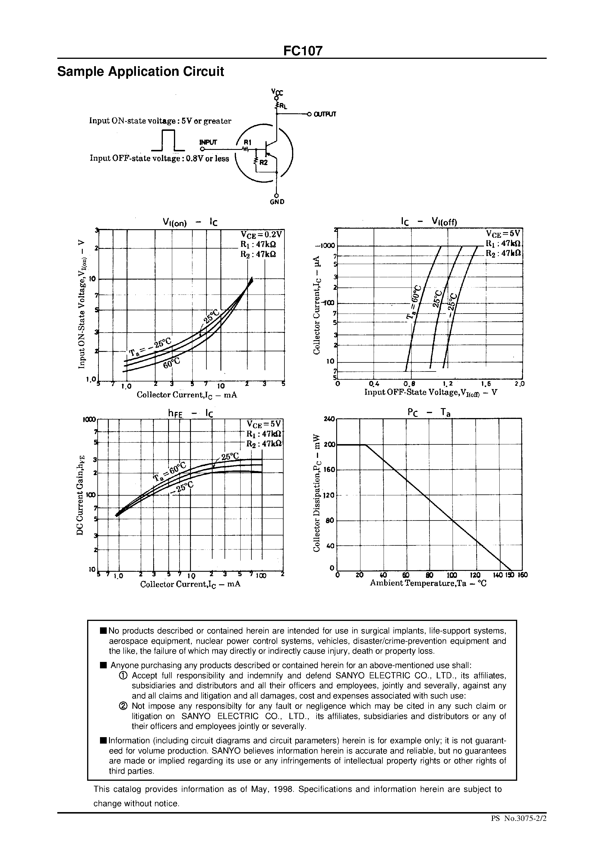 Даташит FC107 - PNP Epitaxial Planar Silicon Composite Transistor Switching Applications страница 2