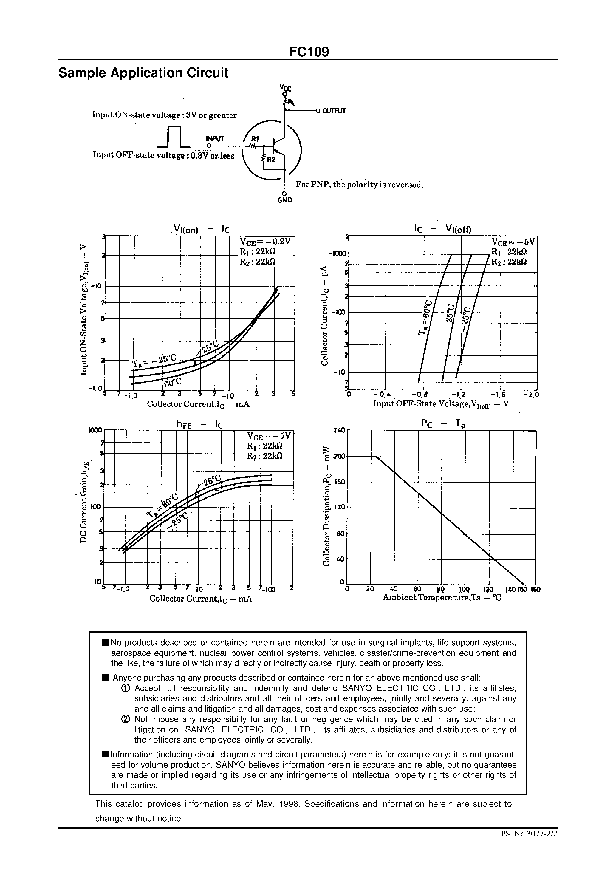Даташит на микросхему FC109 страница 2 Даташит FC109 - PNP Epitaxial Planar Silicon Composite Transistor Switching Applications страница 2