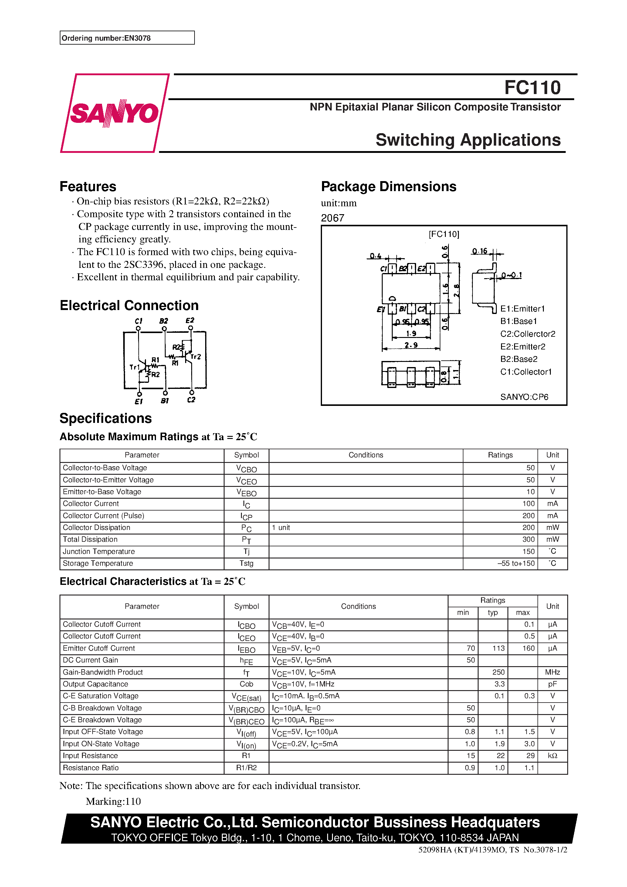 Даташит на микросхему FC110 страница 1 Даташит FC110 - NPN Epitaxial Planar Silicon Composite Transistor Switching Applications страница 1