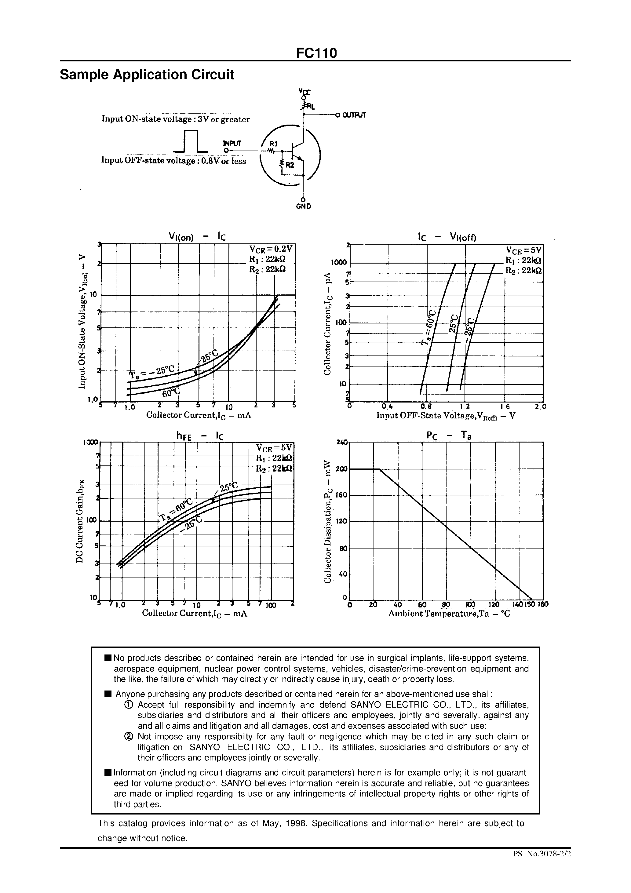 Даташит на микросхему FC110 страница 2 Даташит FC110 - NPN Epitaxial Planar Silicon Composite Transistor Switching Applications страница 2