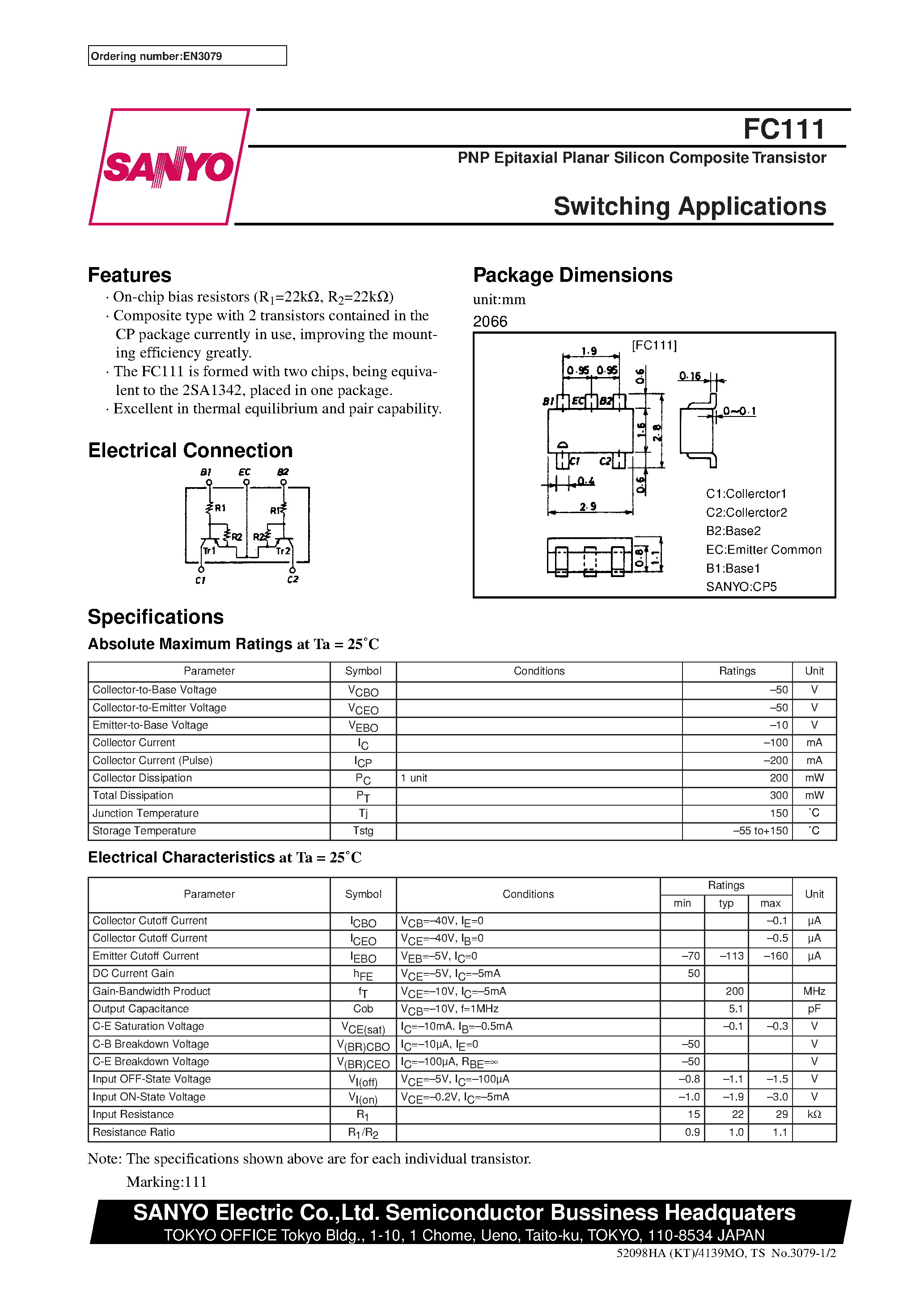 Даташит FC111 - PNP Epitaxial Planar Silicon Composite Transistor Switching Applications страница 1