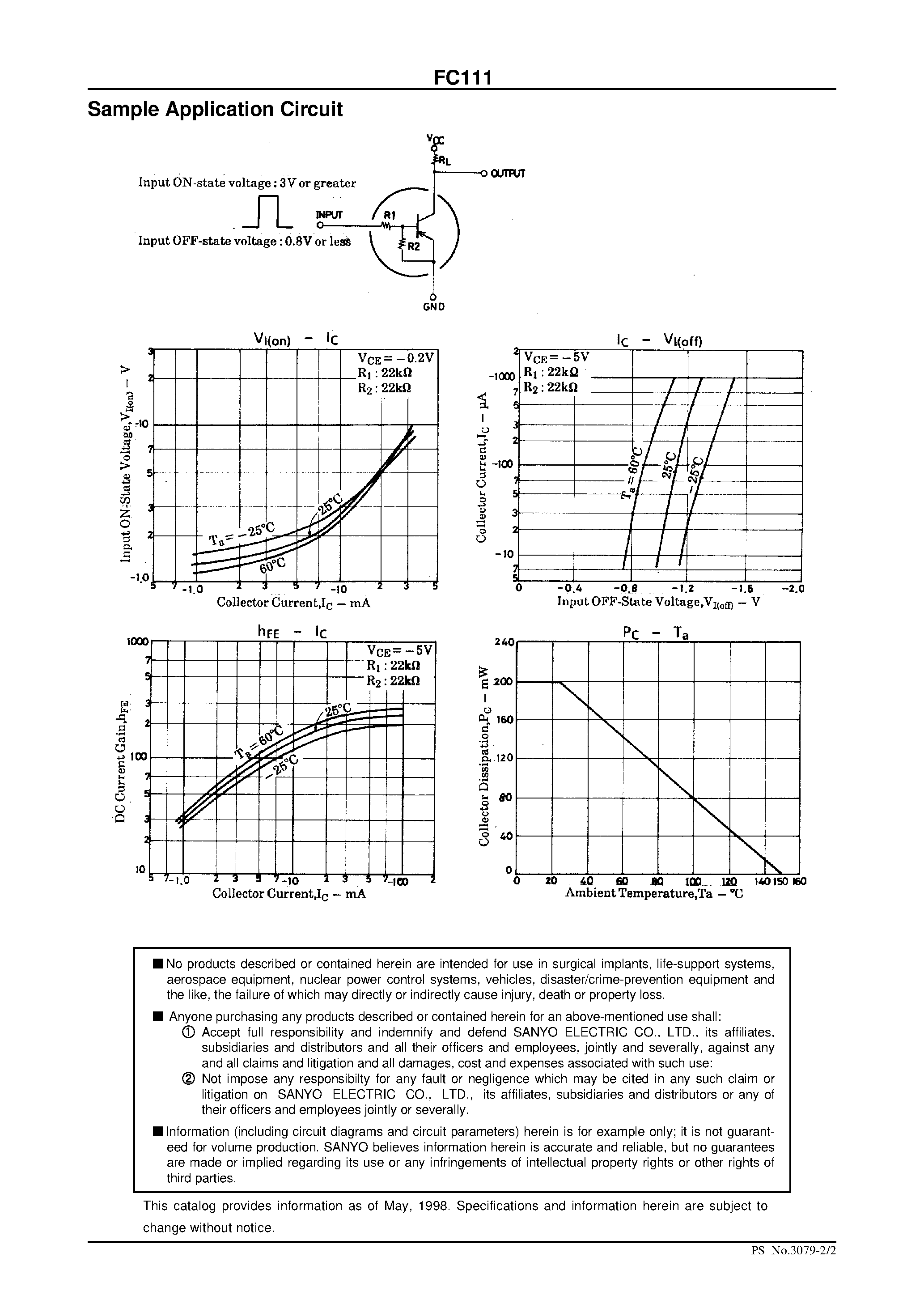 Даташит FC111 - PNP Epitaxial Planar Silicon Composite Transistor Switching Applications страница 2