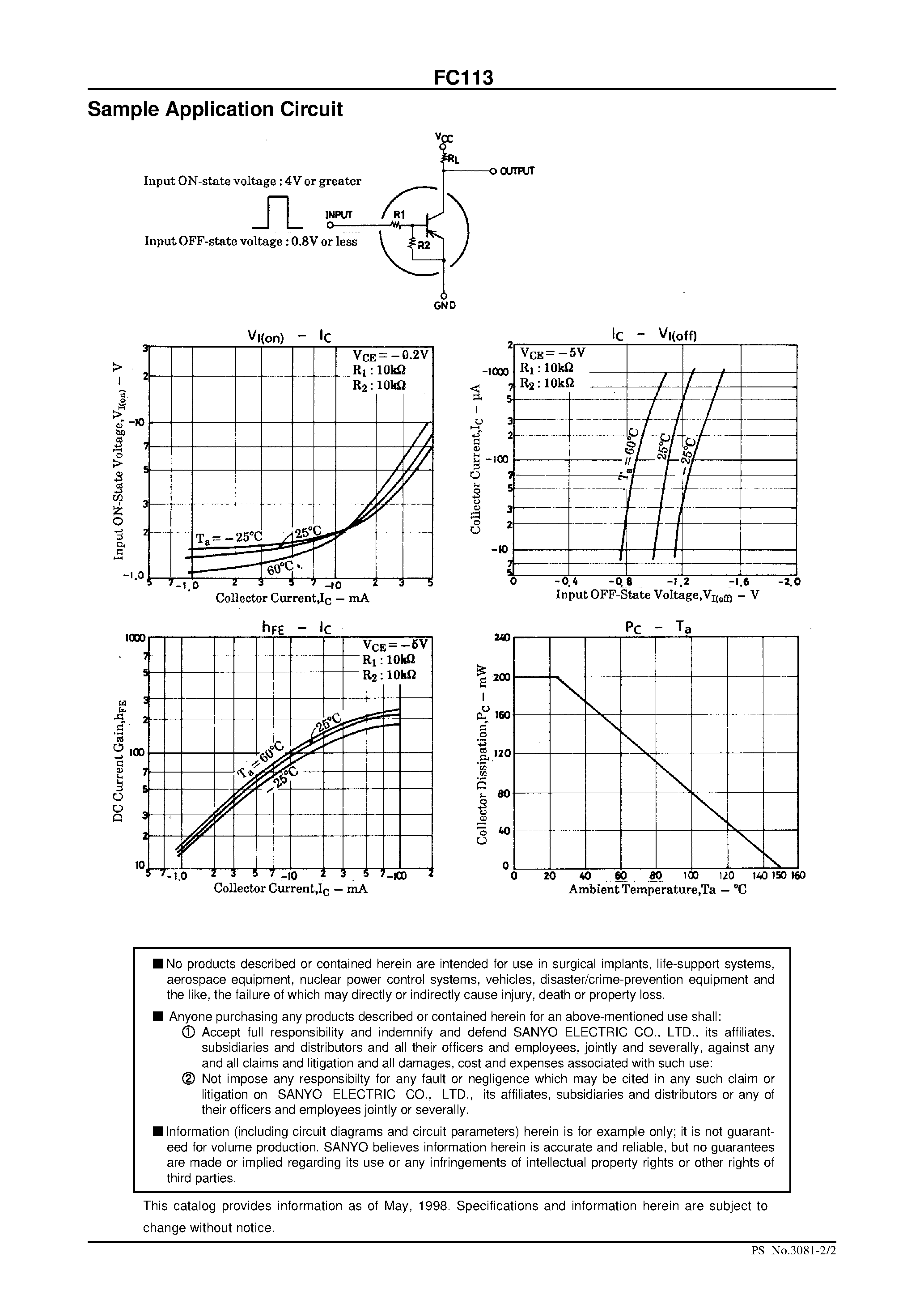 Даташит FC113 - PNP Epitaxial Planar Silicon Composite Transistor Switching Applications страница 2