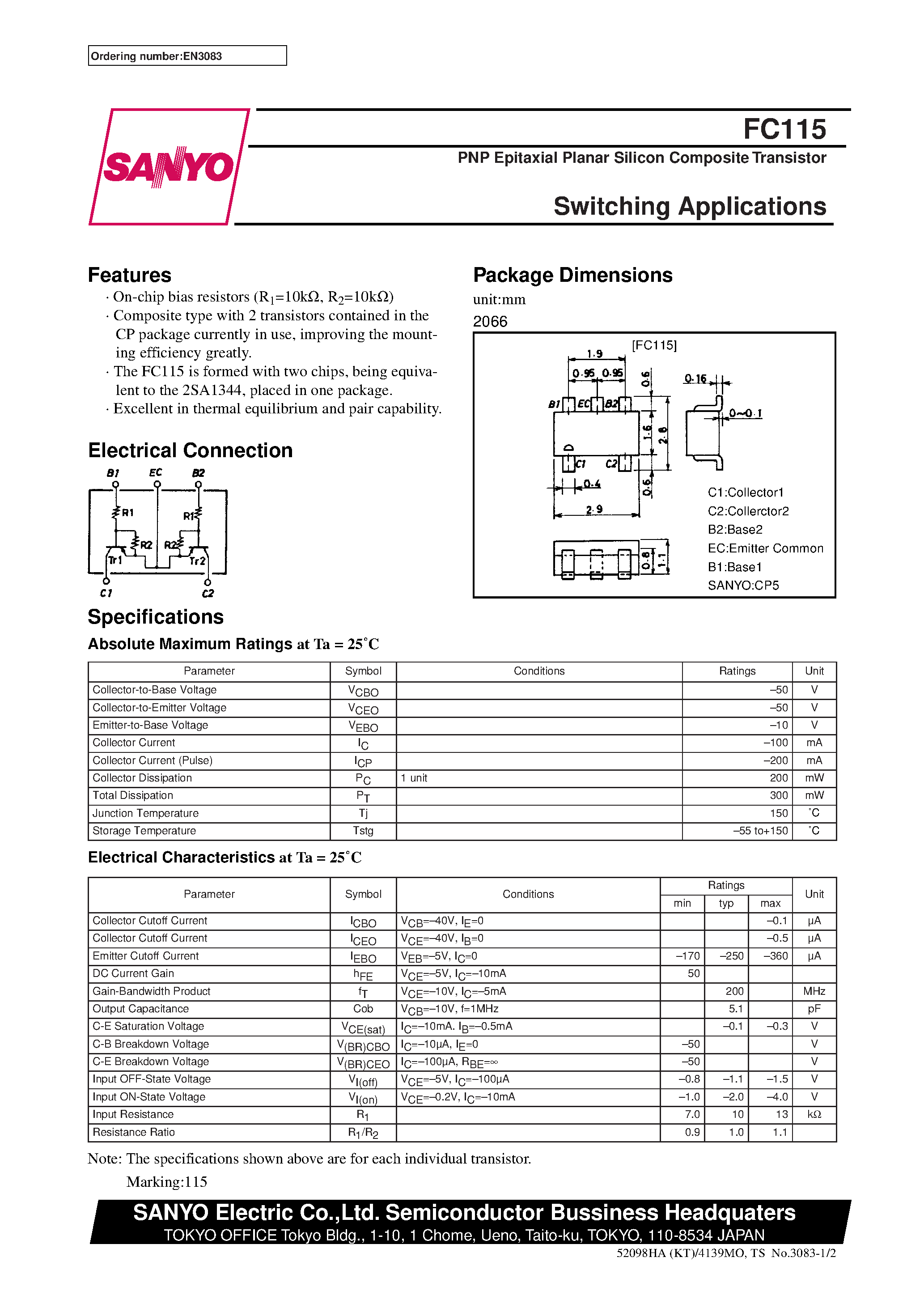 Даташит на микросхему FC115 страница 1 Даташит FC115 - PNP Epitaxial Planar Silicon Composite Transistor Switching Applications страница 1