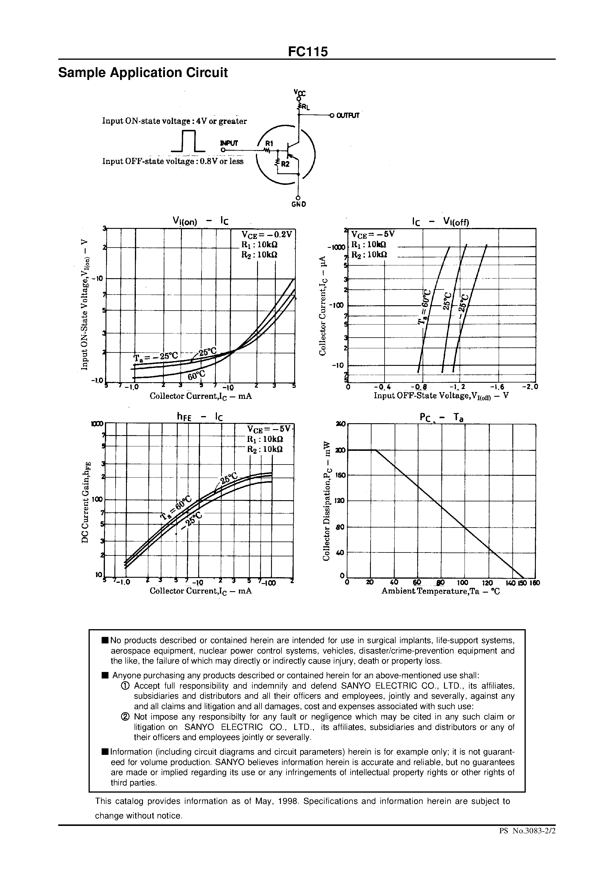 Даташит на микросхему FC115 страница 2 Даташит FC115 - PNP Epitaxial Planar Silicon Composite Transistor Switching Applications страница 2