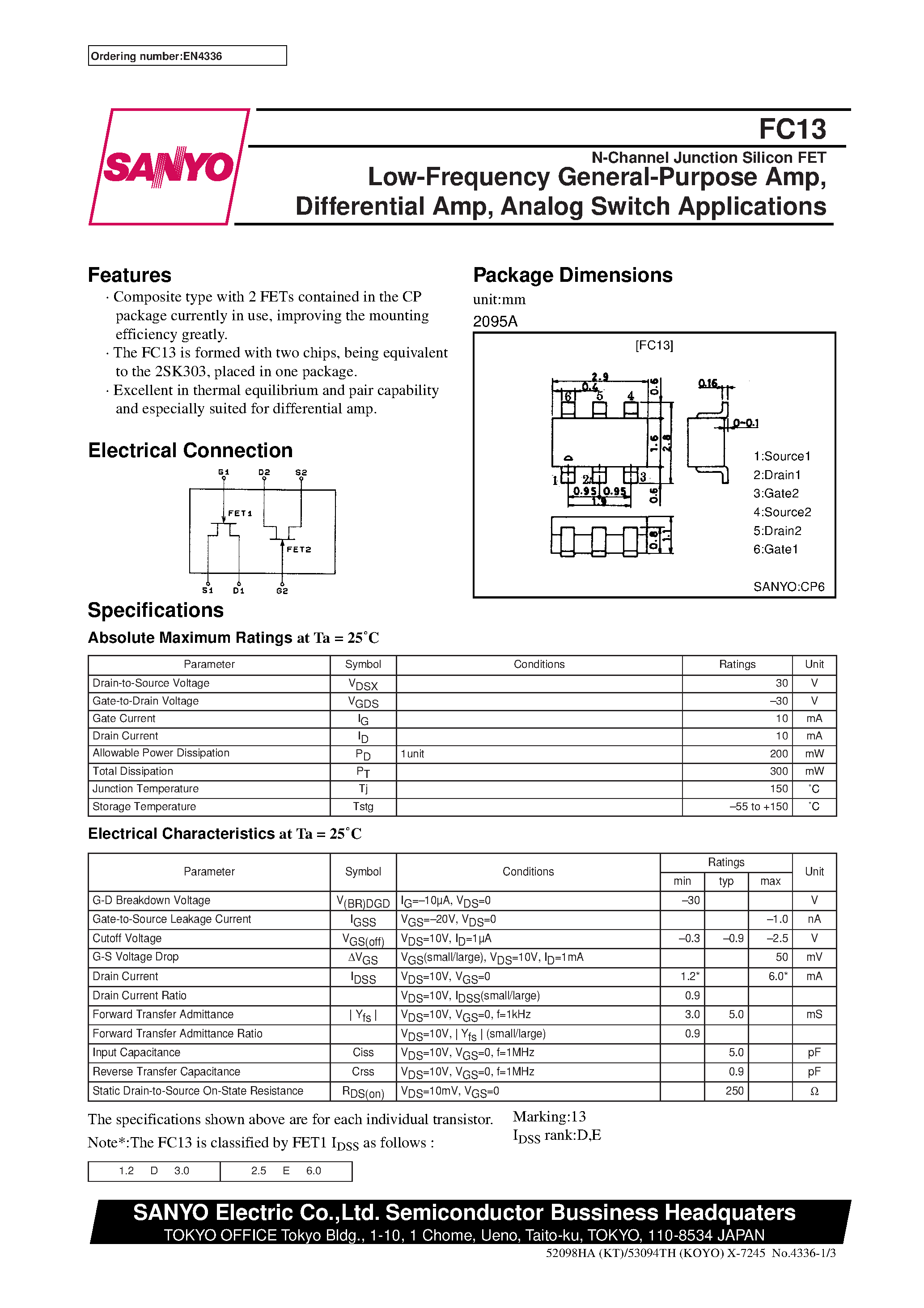 Даташит FC13 - Low-Frequency General-Purpose Amp/ Differential Amp/ Analog Switch Applications страница 1