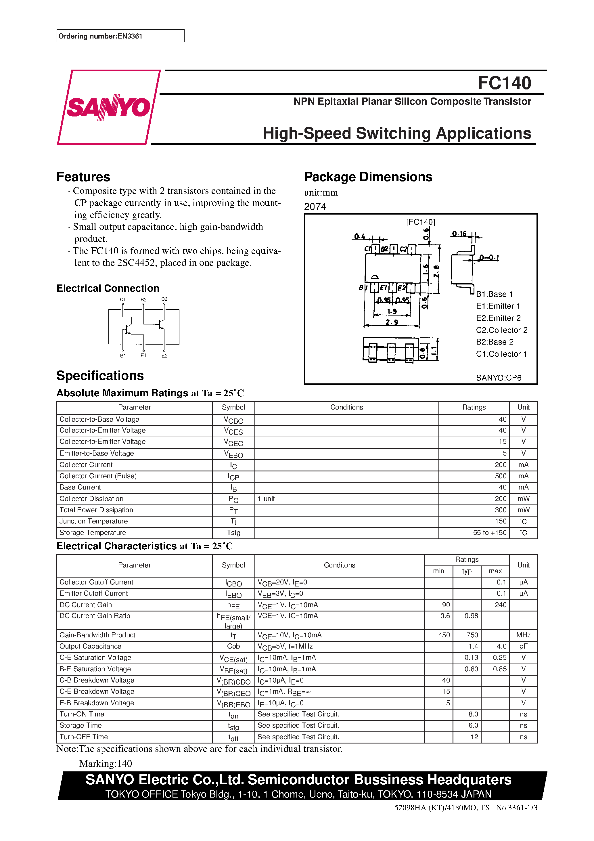 Даташит на микросхему FC140 страница 1 Даташит FC140 - High-Speed Switching Applications страница 1