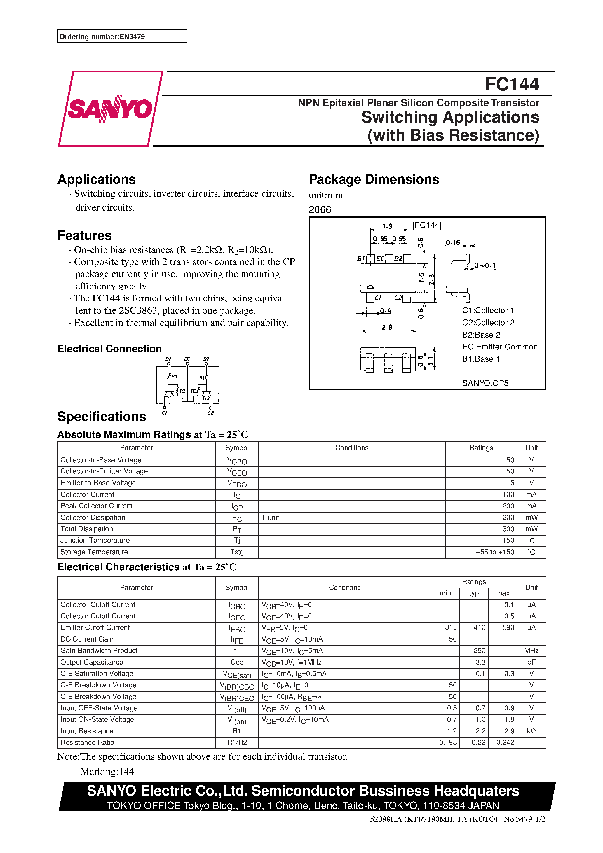 Даташит FC144 - NPN Epitaxial Planar Silicon Composite Transistor Switching Applications (with Bias Resistance) страница 1