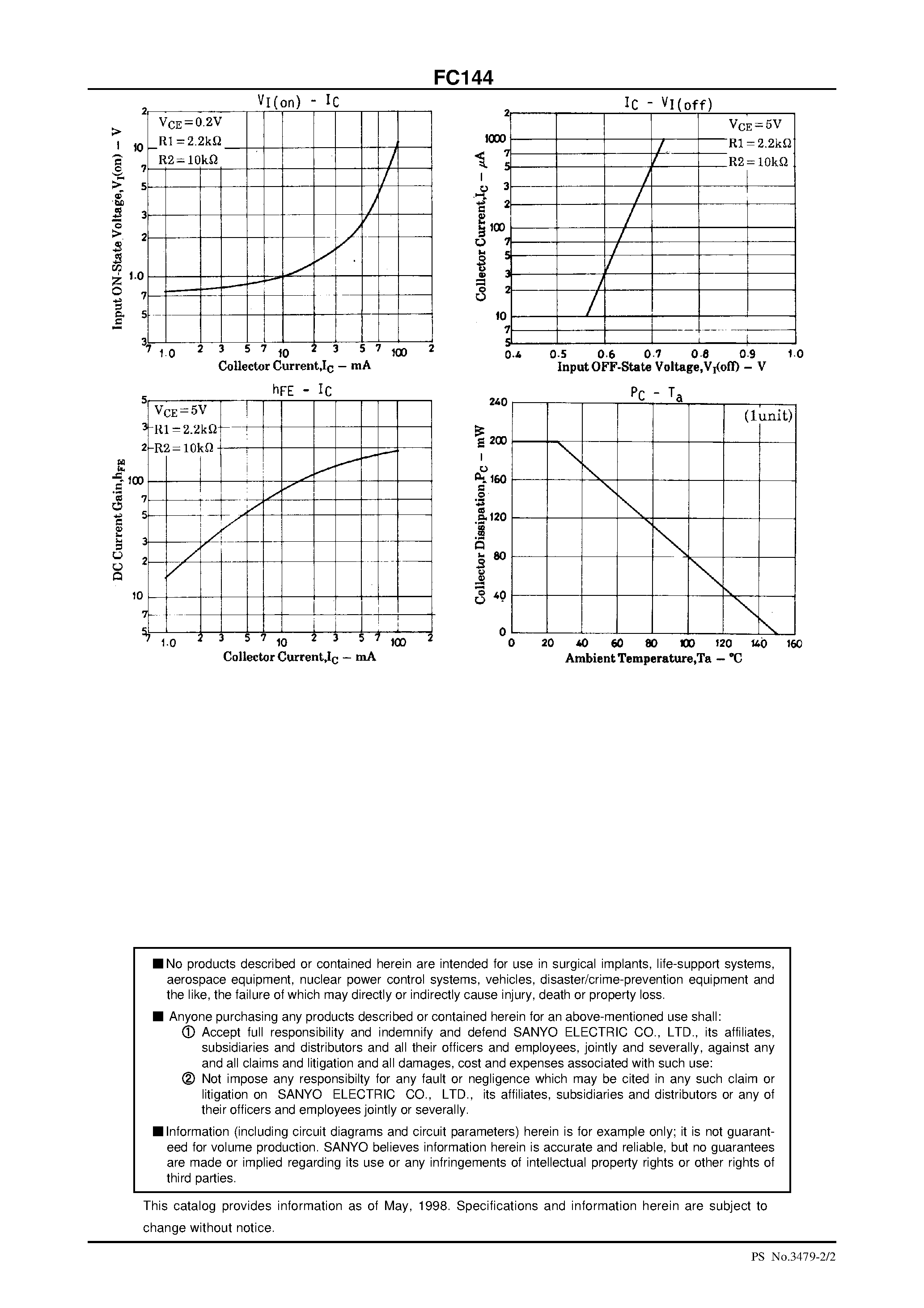 Даташит FC144 - NPN Epitaxial Planar Silicon Composite Transistor Switching Applications (with Bias Resistance) страница 2