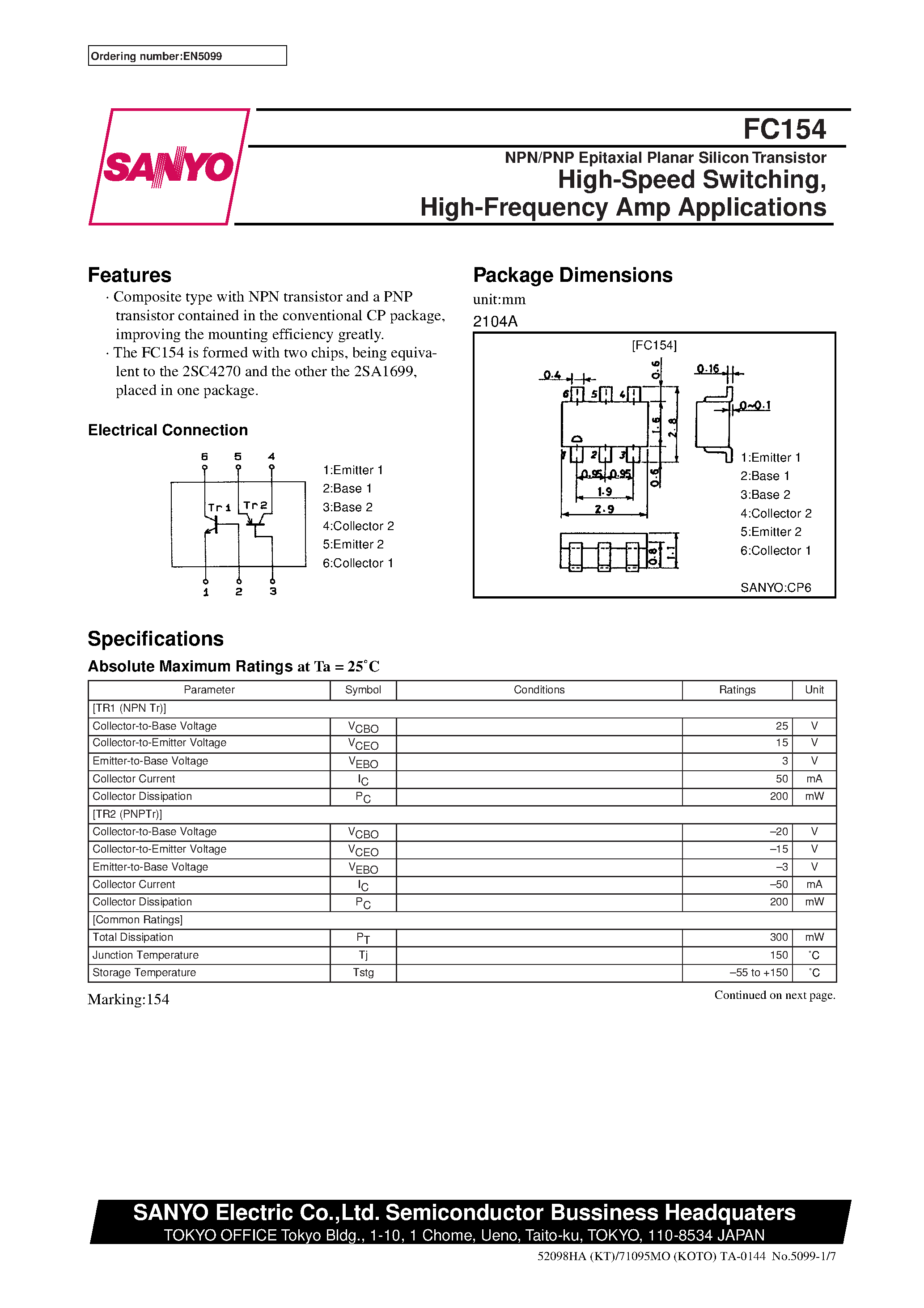 Даташит FC154 - High-Speed Switching/ High-Frequency Amp Applications страница 1