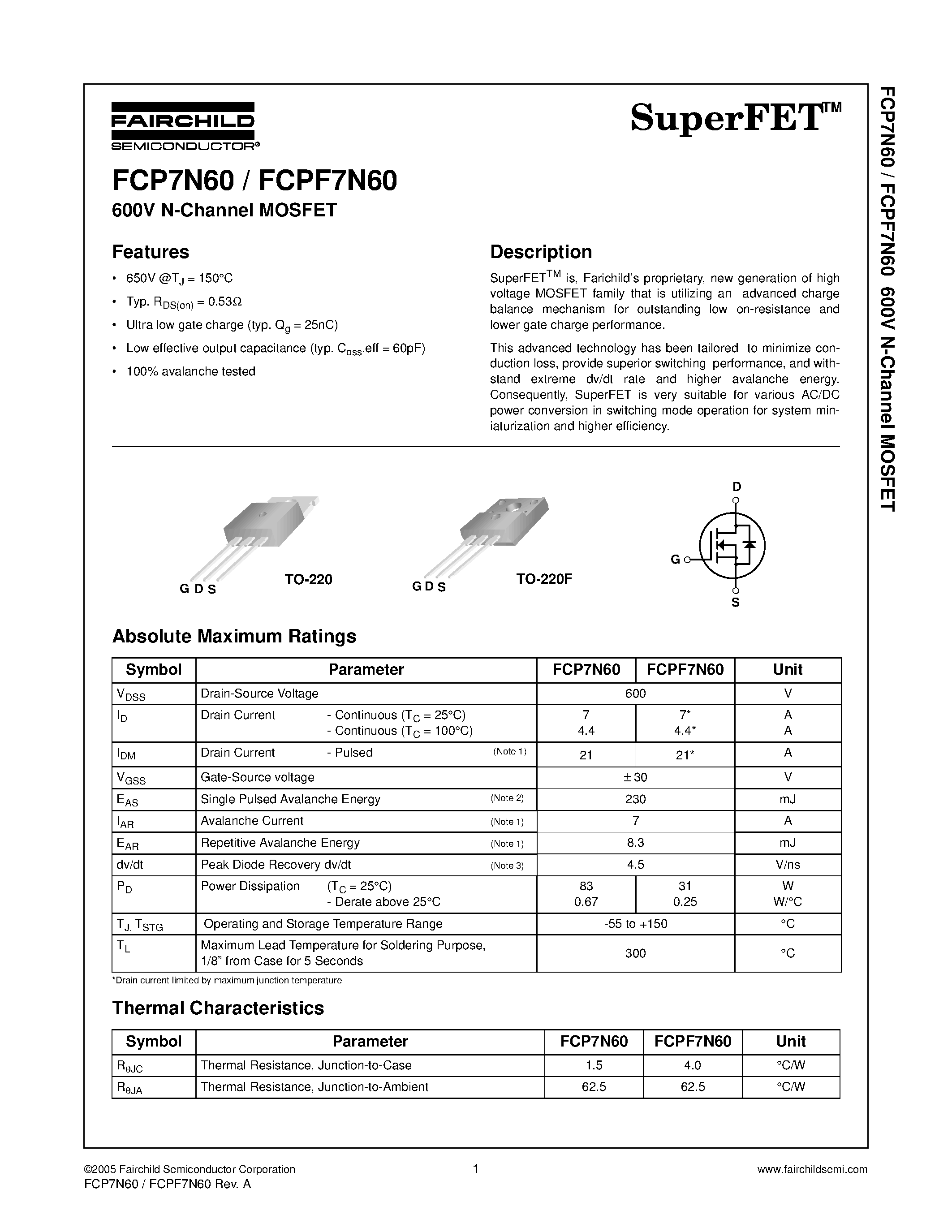 Datasheet FCP7N60 - 600V N-Channel MOSFET page 1