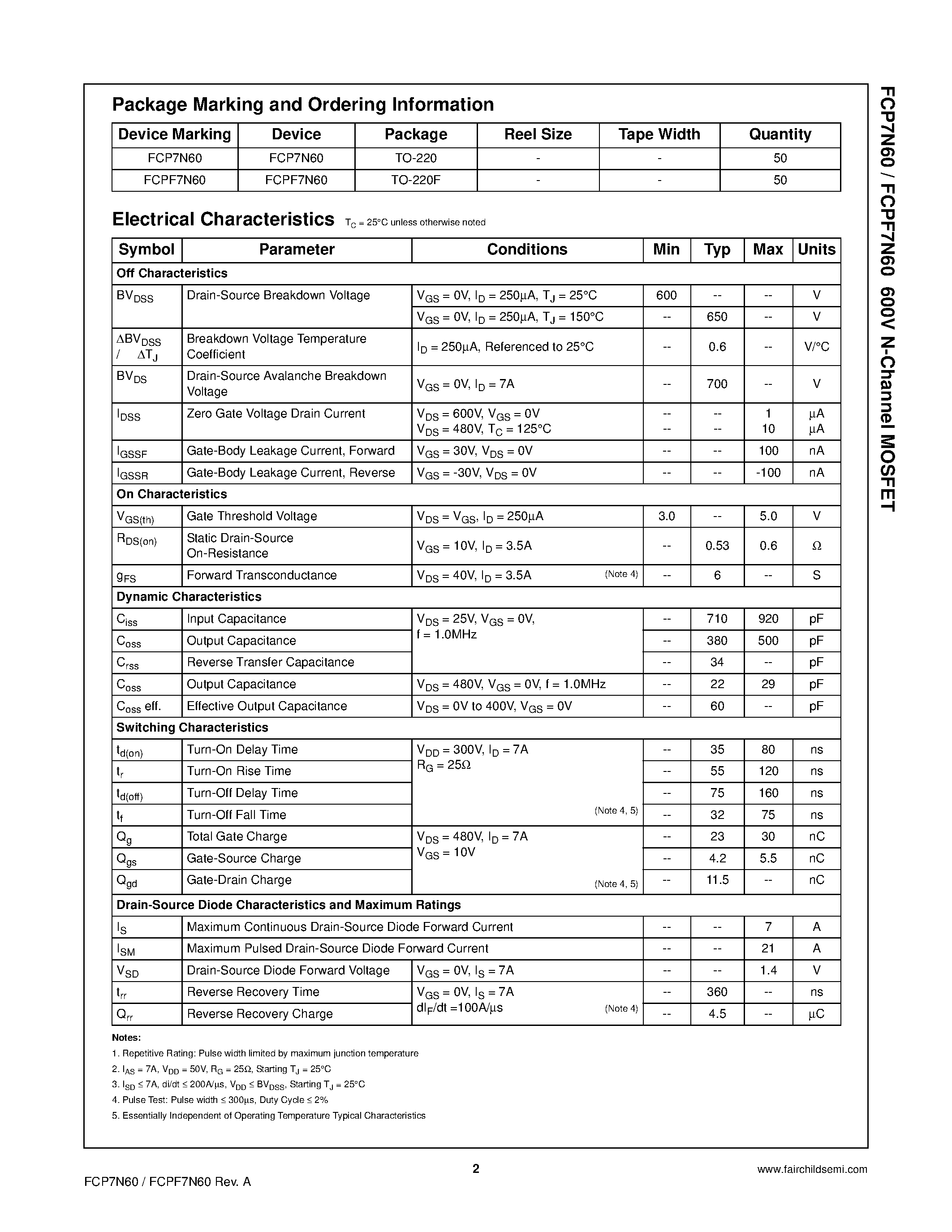 Datasheet FCPF7N60 - 600V N-Channel MOSFET page 2