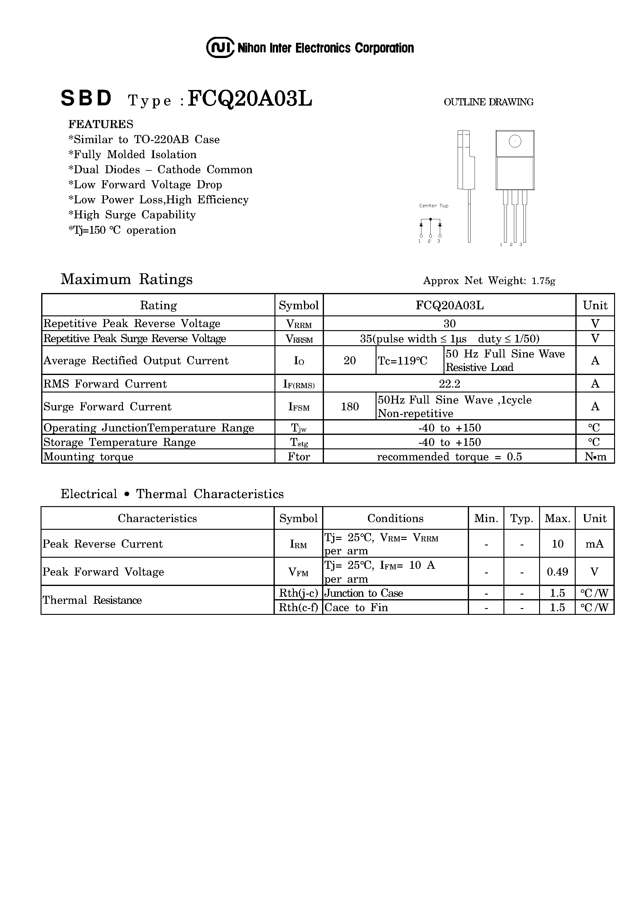 Даташит на микросхему FCQ20A03L страница 1 Даташит FCQ20A03L - SBD DUAL DIODES - CATHODE COMMON страница 1