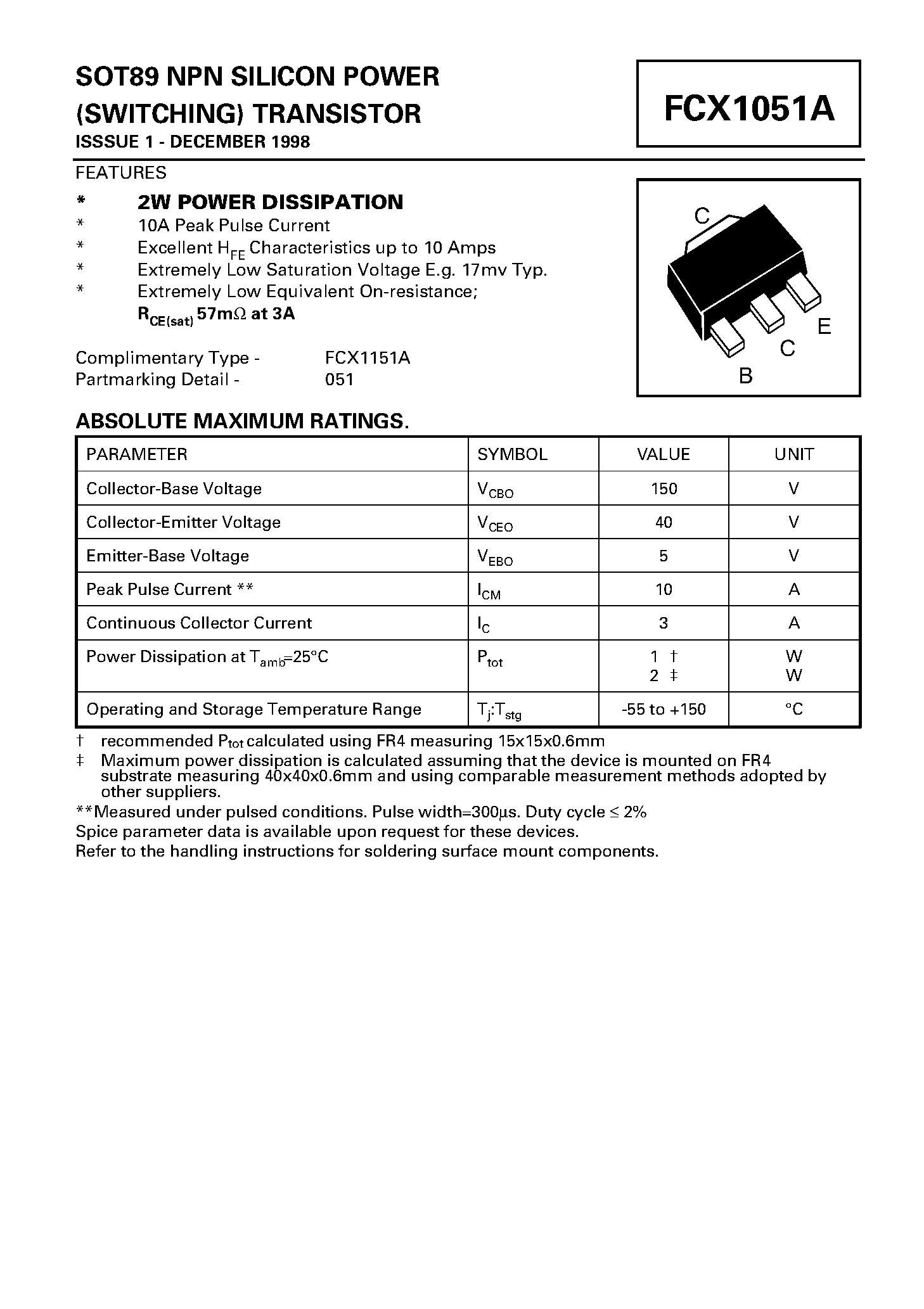 Даташит FCX1051A - NPN SILICON POWER (SWITCHING) TRANSISTOR страница 1