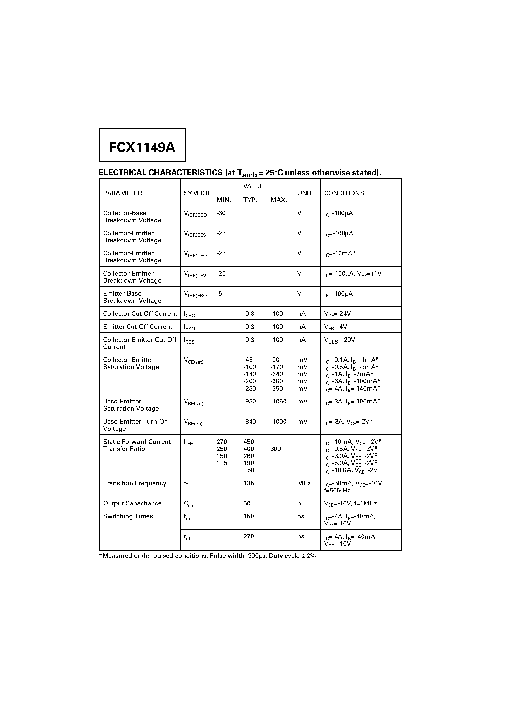Даташит FCX1149A - PNP SILICON POWER (SWITCHING) TRANSISTOR страница 2