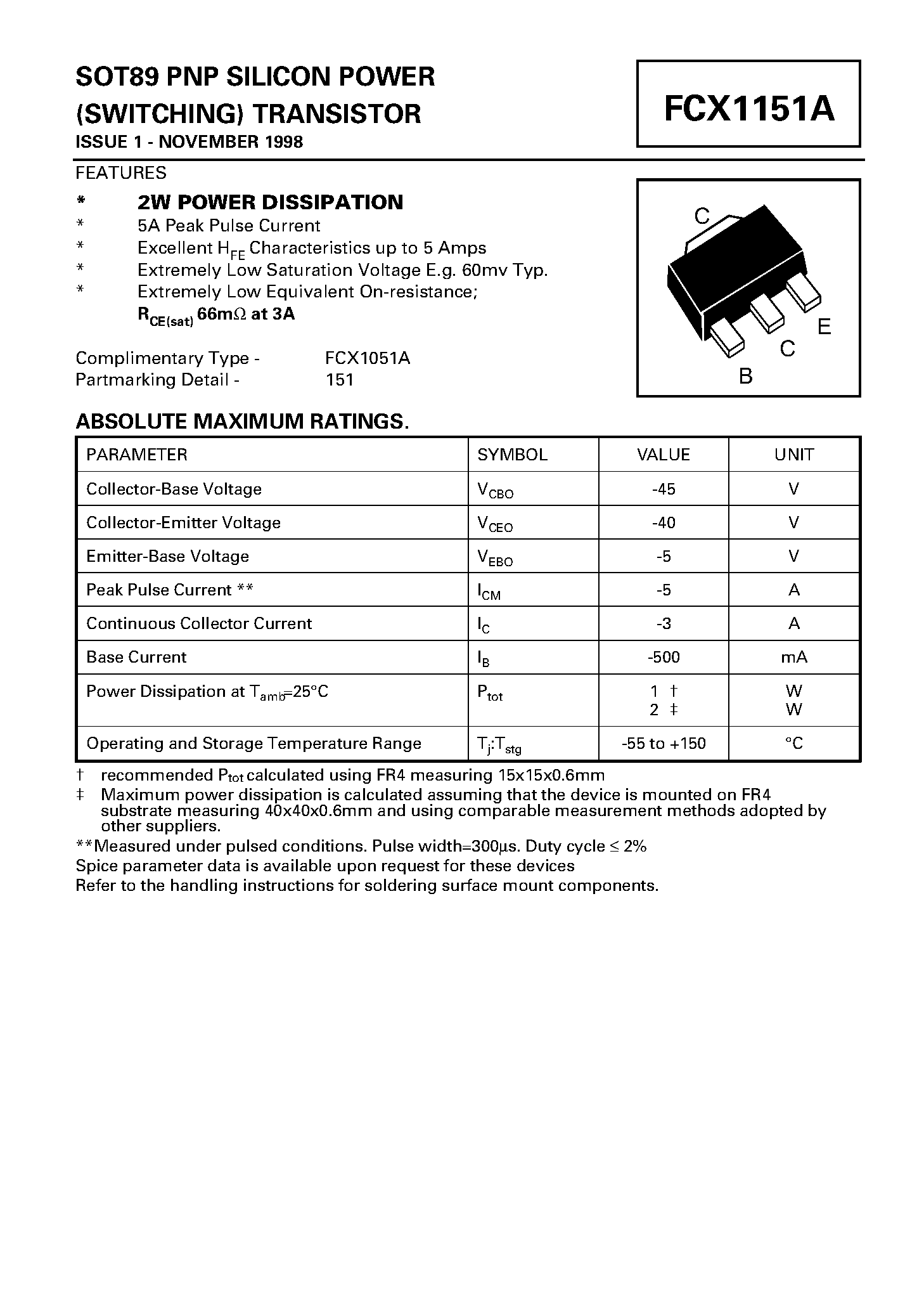 Даташит на микросхему FCX1151A страница 1 Даташит FCX1151A - PNP SILICON POWER (SWITCHING) TRANSISTOR страница 1