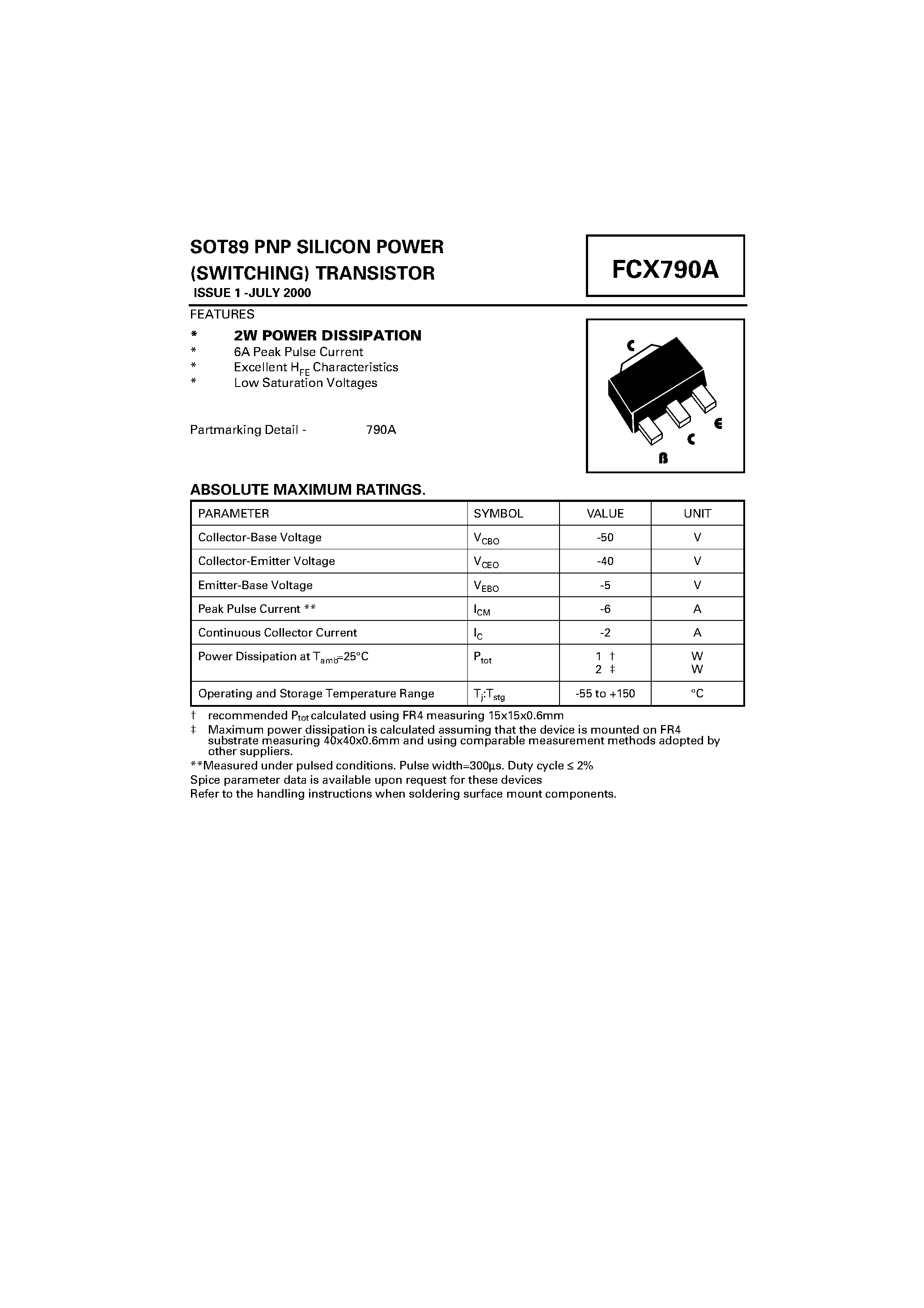 Даташит FCX790A - PNP SILICON POWER (SWITCHING) TRANSISTOR страница 1