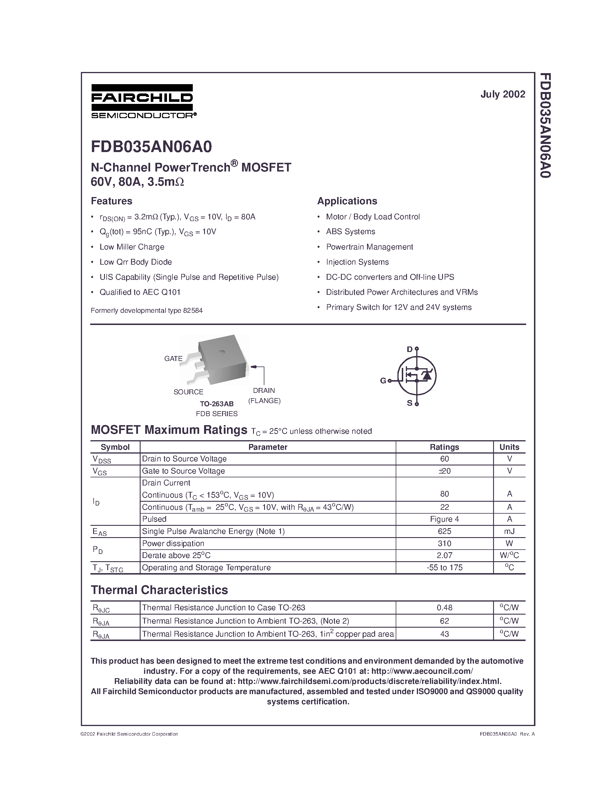 Datasheet FDB035AN06A0 - N-Channel PowerTrench MOSFET 60V/ 80A/ 3.5m page 1