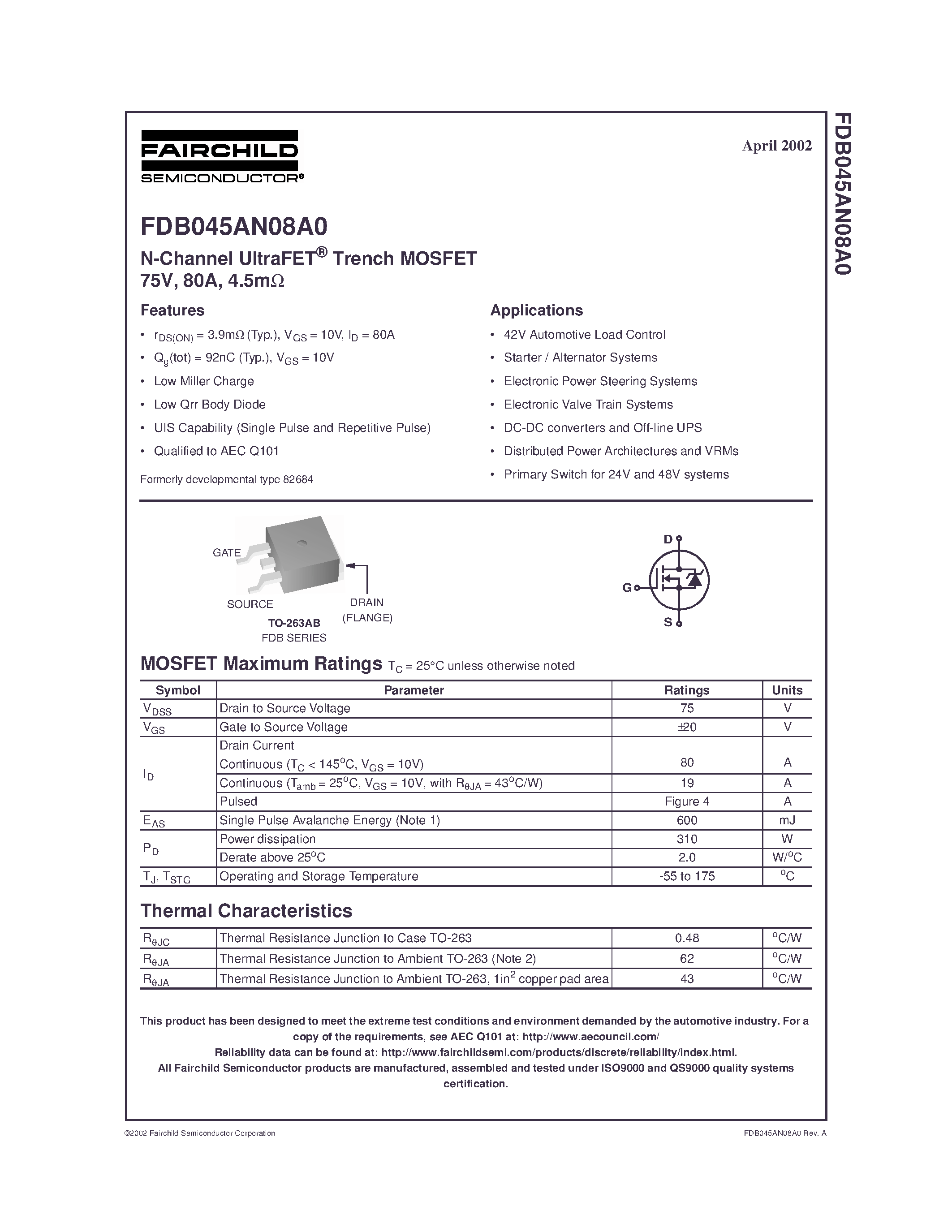 Datasheet FDB045AN08A0 - N-Channel UltraFET Trench MOSFET 75V/ 80A/ 4.5m page 1