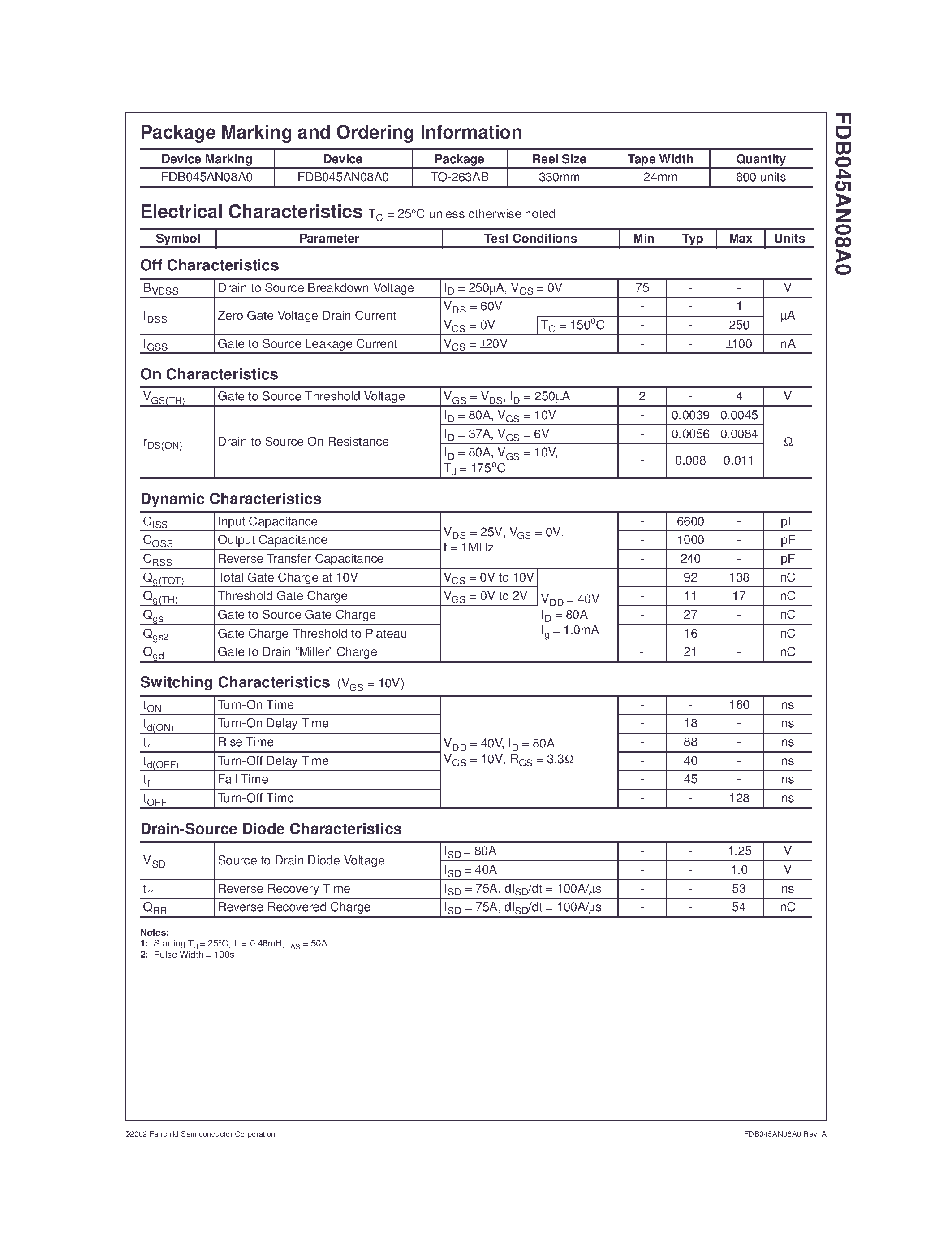 Datasheet FDB045AN08A0 - N-Channel UltraFET Trench MOSFET 75V/ 80A/ 4.5m page 2