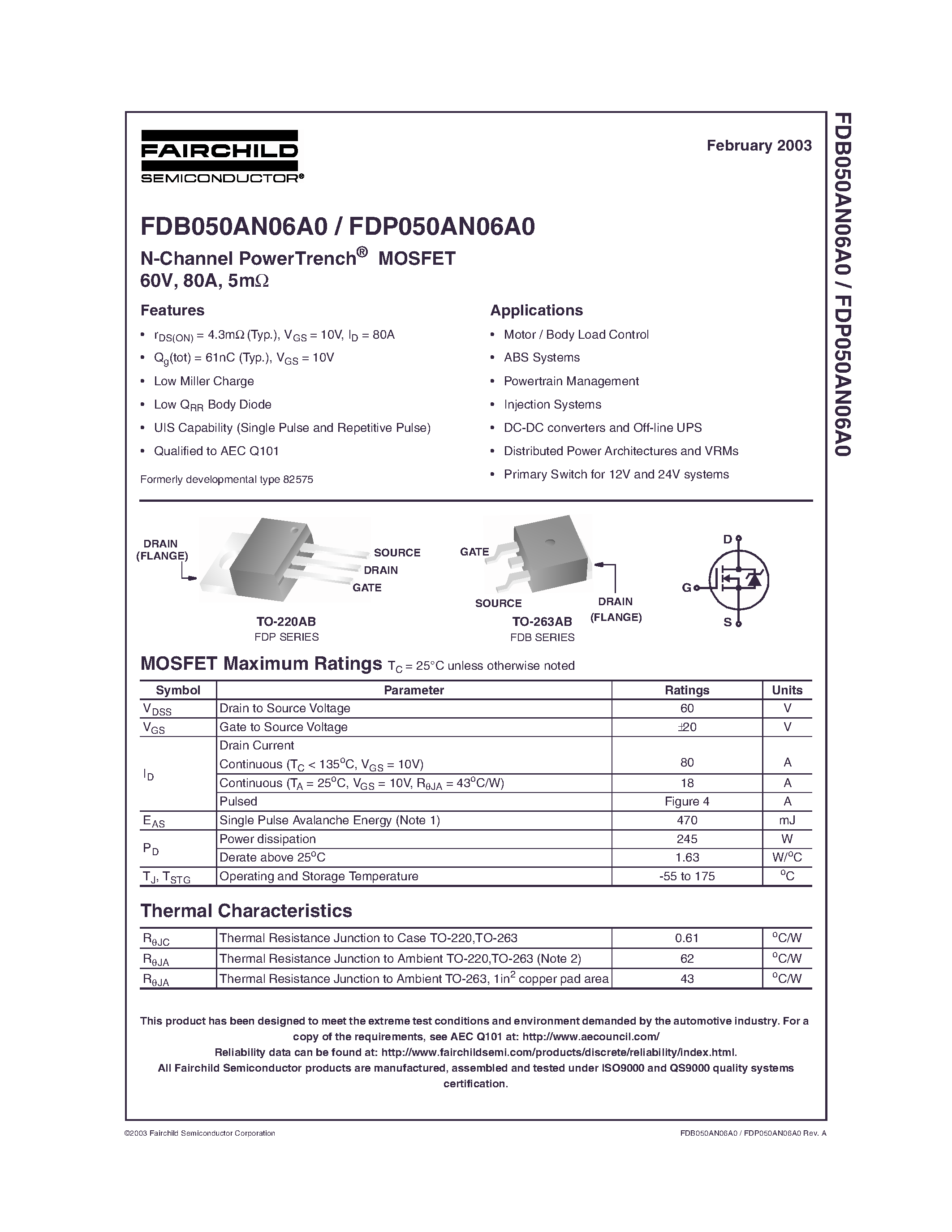 Datasheet FDB050AN06A0 - N-Channel PowerTrench MOSFET page 1