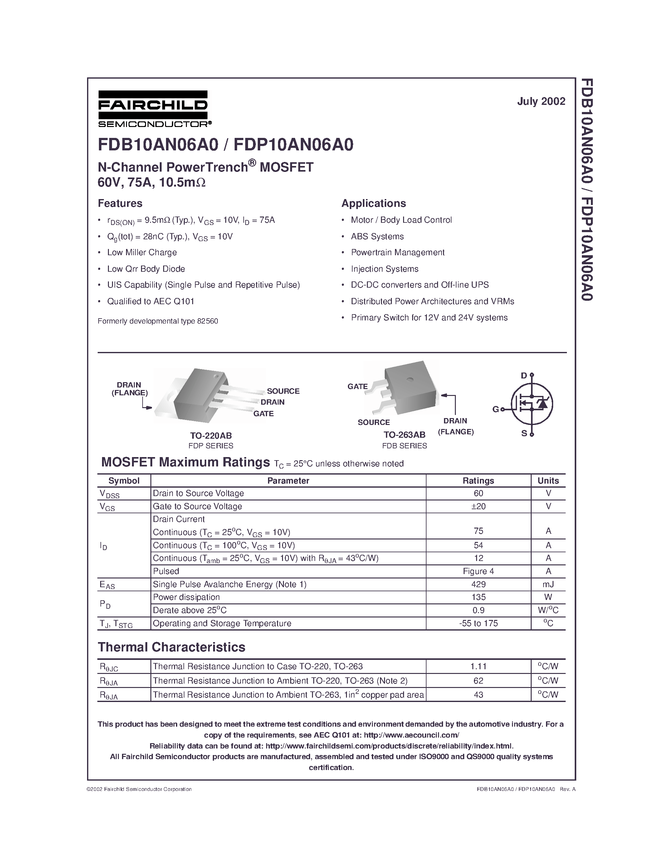 Datasheet FDB10AN06A0 - N-Channel PowerTrench MOSFET 60V/ 75A/ 10.5m page 1