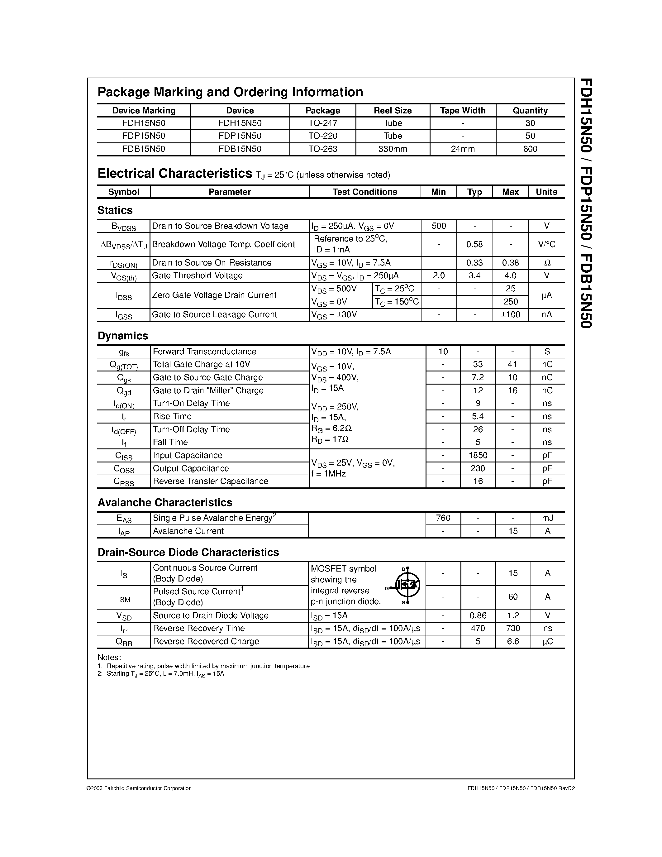 Datasheet FDB15N50 - 15A/ 500V/ 0.38 Ohm/ N-Channel SMPS Power MOSFET page 2